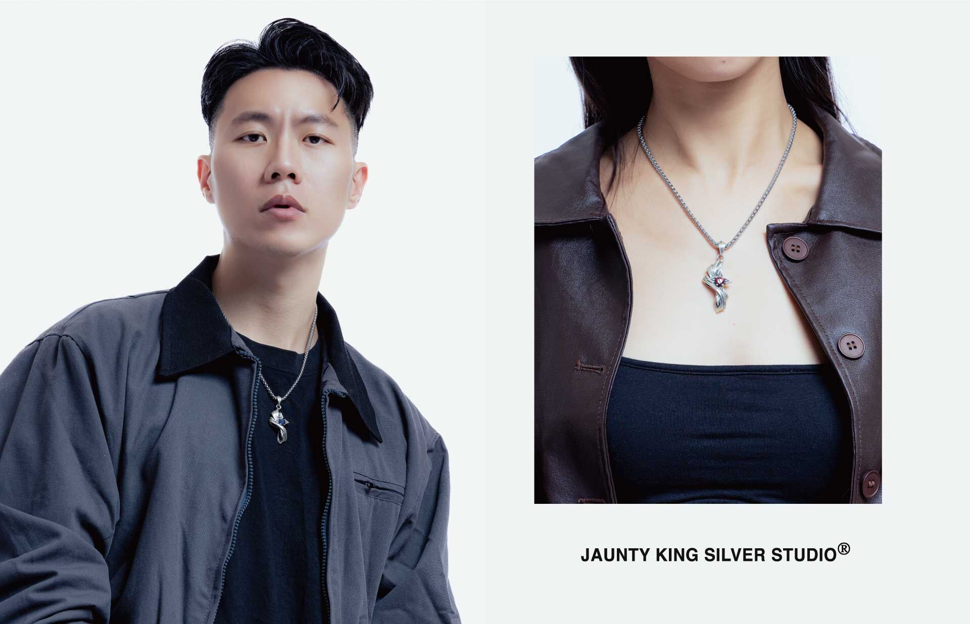 南十字星純銀吊墜配戴照,男女模特示範藍色鋯石十字星造型項鍊,呈現日常穿搭與銀飾細節。