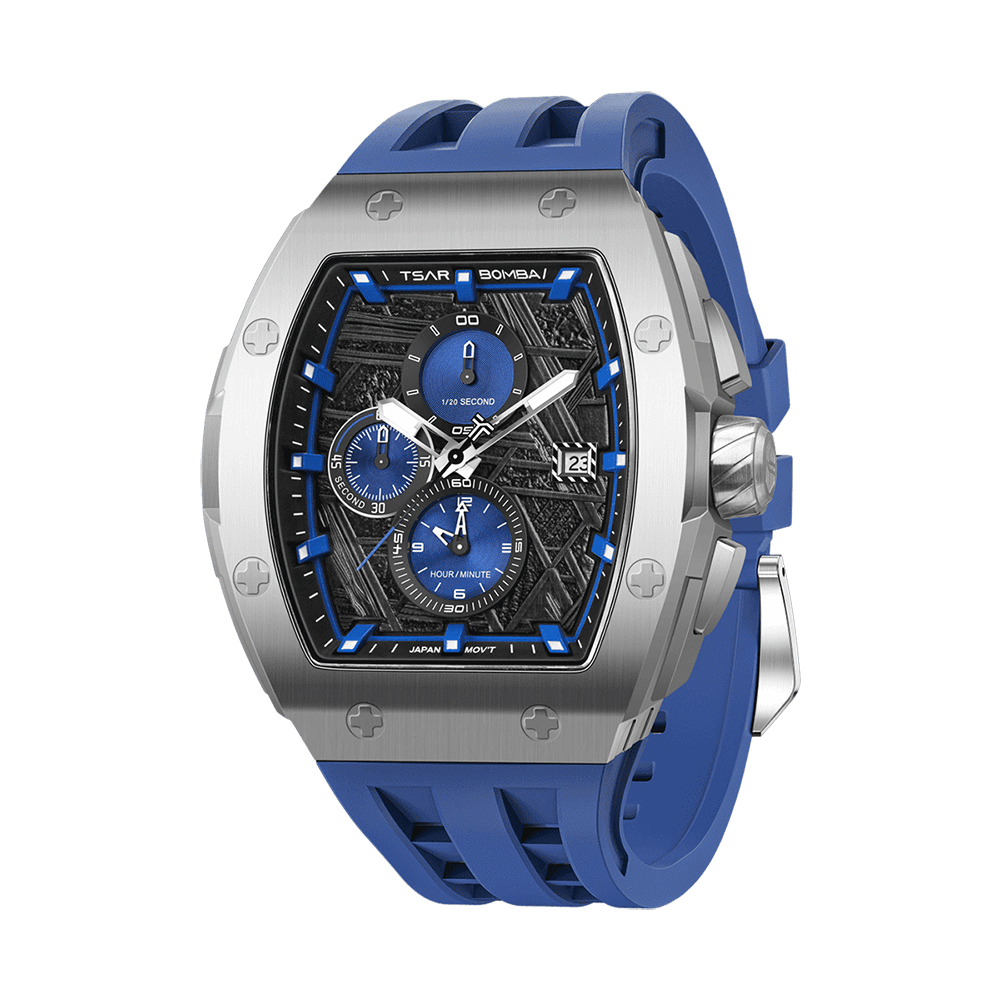 萬年鐘錶 - TSAR BOMBA 機械公爵 元素面盤銀框藍色矽膠三眼計時男錶  TB8211QII-09  錶徑 46MM