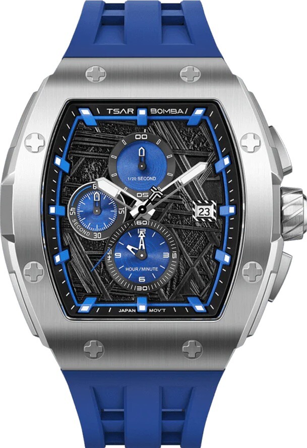萬年鐘錶 - TSAR BOMBA 機械公爵 元素面盤銀框藍色矽膠三眼計時男錶  TB8211QII-09  錶徑 46MM