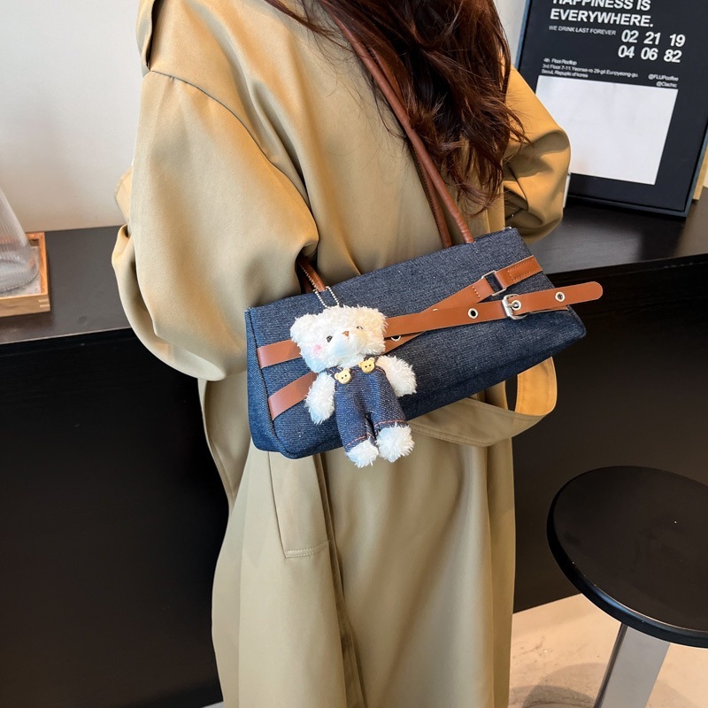 Sweet Denim Contrast-Belt Shoulder Hobo Bag