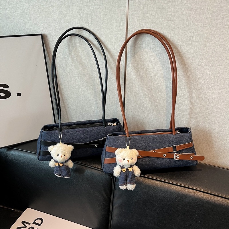 Sweet Denim Contrast-Belt Shoulder Hobo Bag