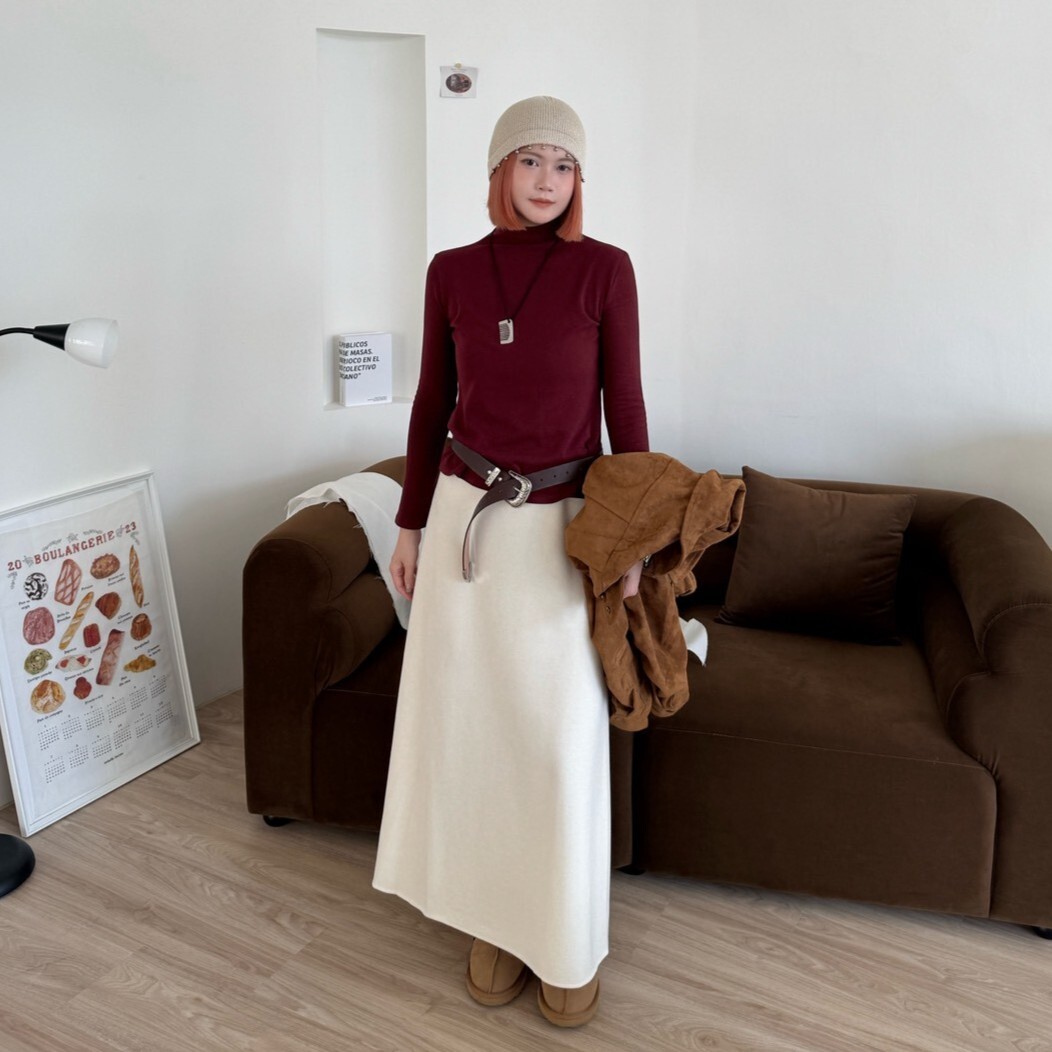 微甜奶凍 簡約款毛呢下傘長裙