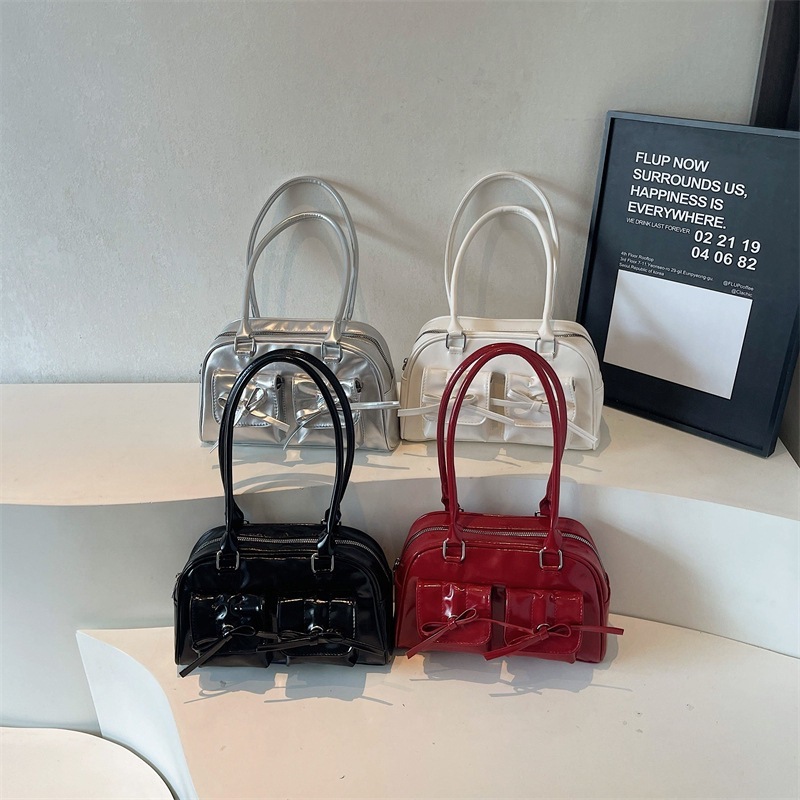 Bow Accent Patent Minimalist Bowling Tote Bag