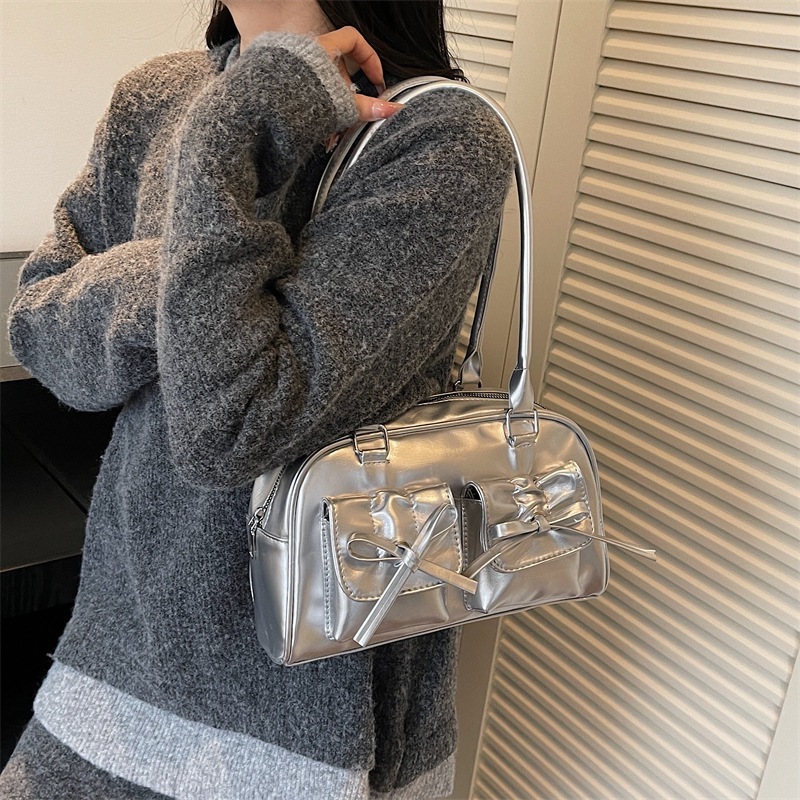 Bow Accent Patent Minimalist Bowling Tote Bag