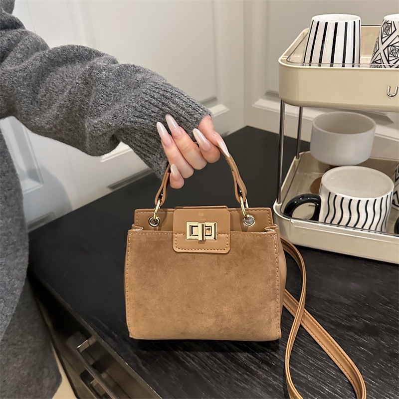 Solid Color Suede-Feel Vintage Lock Shoulder Crossbody Bag