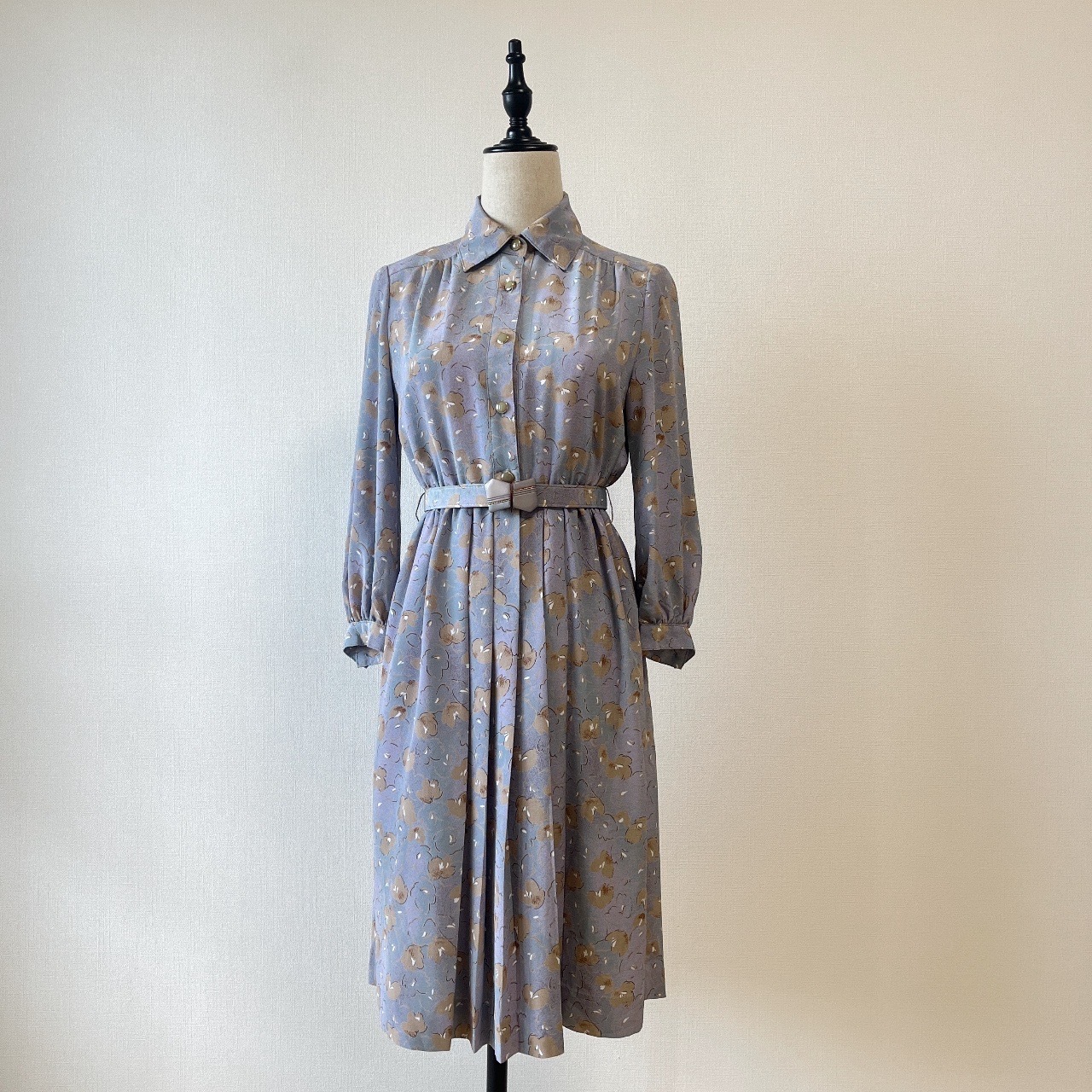 灰藍色清雅大花古著洋裝