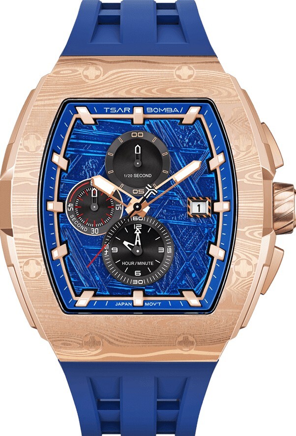 萬年鐘錶 - TSAR BOMBA 機械公爵 元素面盤玫瑰金框 藍色矽膠三眼計時男錶  TB8211QII-10  錶徑 46MM