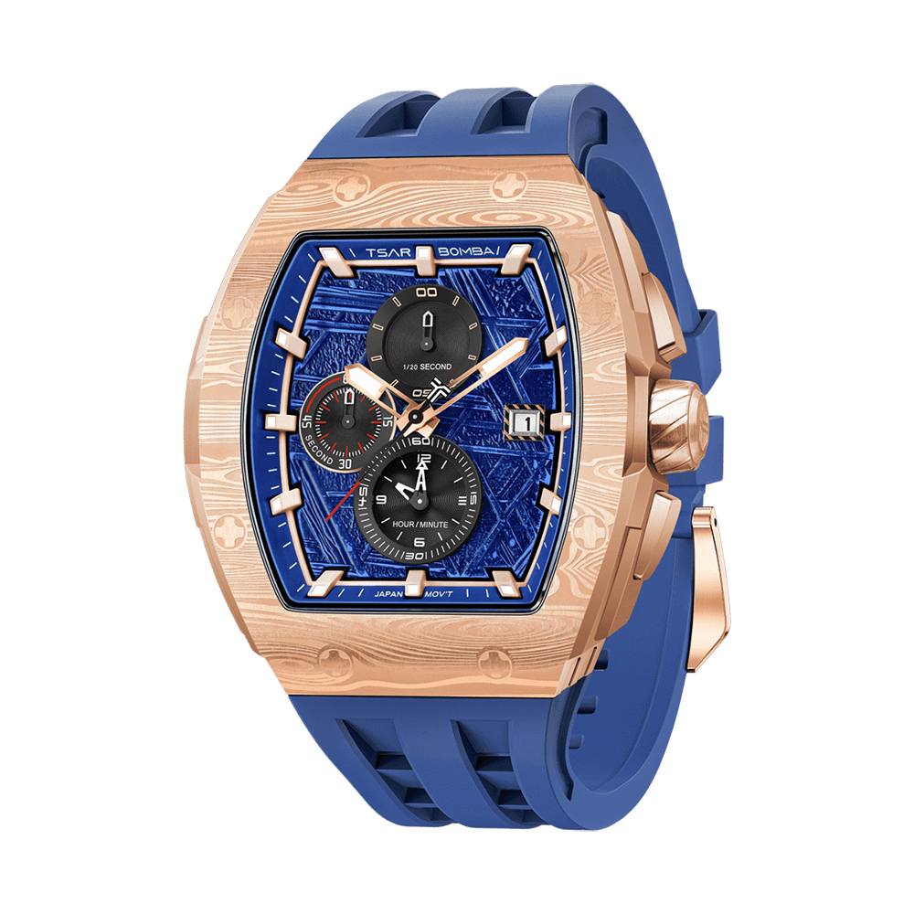 萬年鐘錶 - TSAR BOMBA 機械公爵 元素面盤玫瑰金框 藍色矽膠三眼計時男錶  TB8211QII-10  錶徑 46MM
