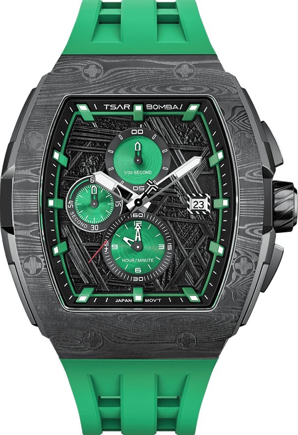 萬年鐘錶 - TSAR BOMBA 機械公爵 元素面盤黑框綠色矽膠三眼計時男錶  TB8211QII-11  錶徑 46MM