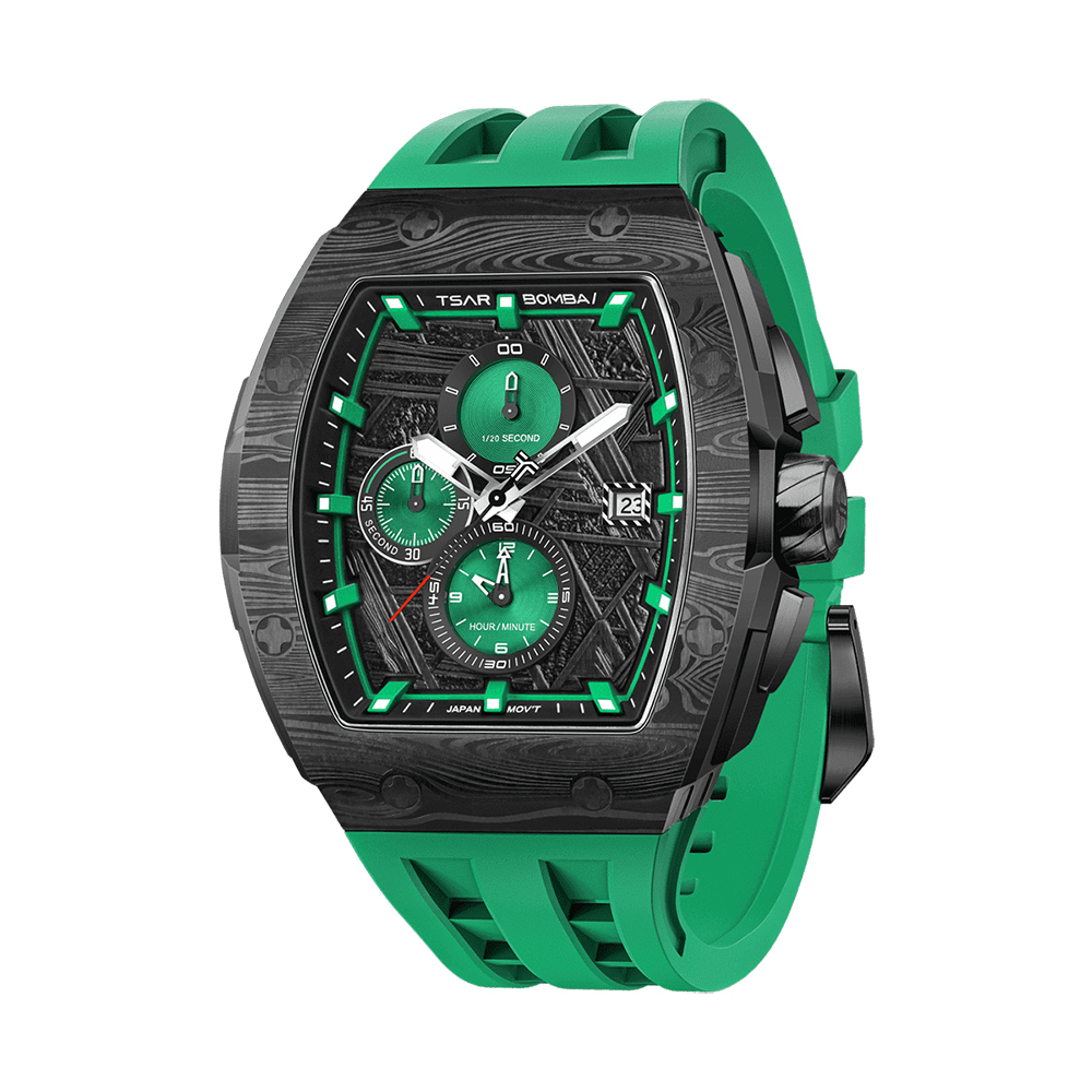 萬年鐘錶 - TSAR BOMBA 機械公爵 元素面盤黑框綠色矽膠三眼計時男錶  TB8211QII-11  錶徑 46MM