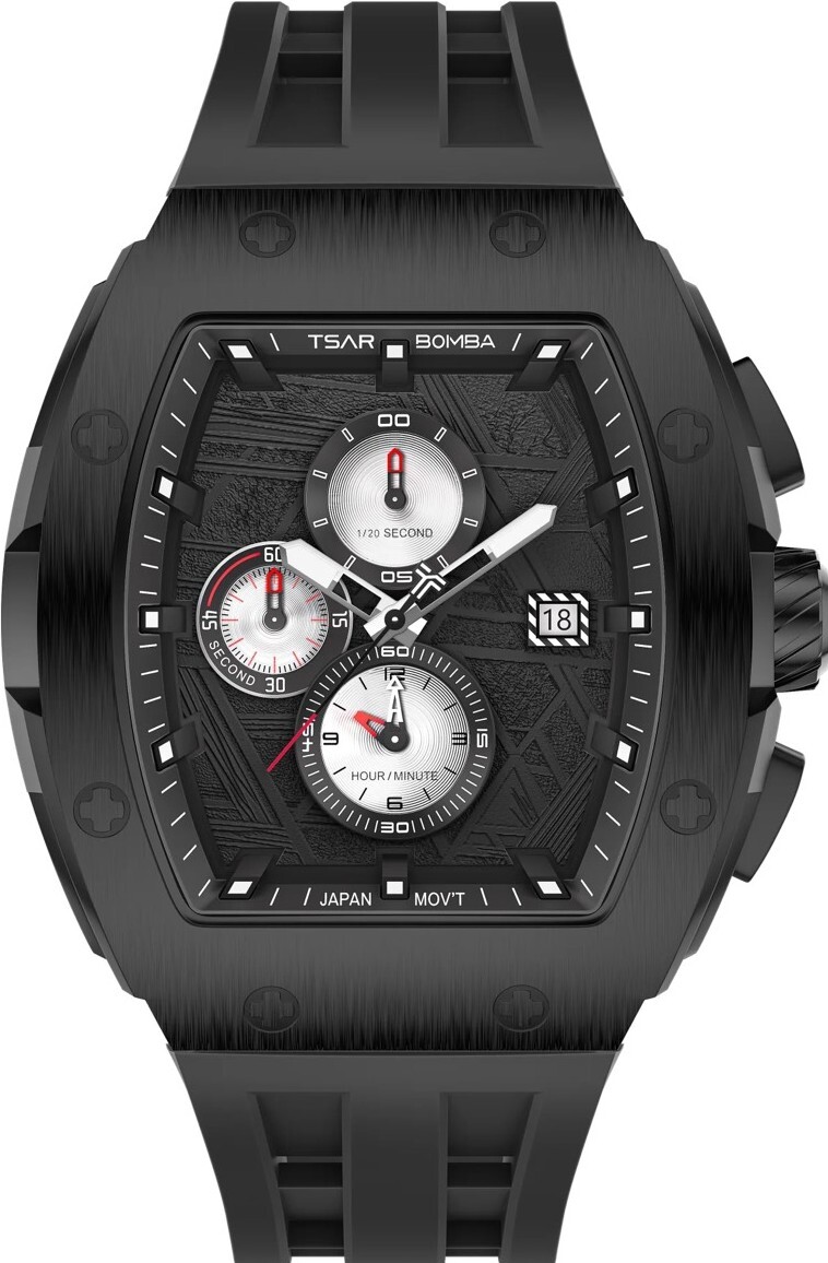萬年鐘錶 - TSAR BOMBA 機械公爵 元素面盤黑框黑色矽膠三眼計時男錶 TB8211QII-07 錶徑 46MM