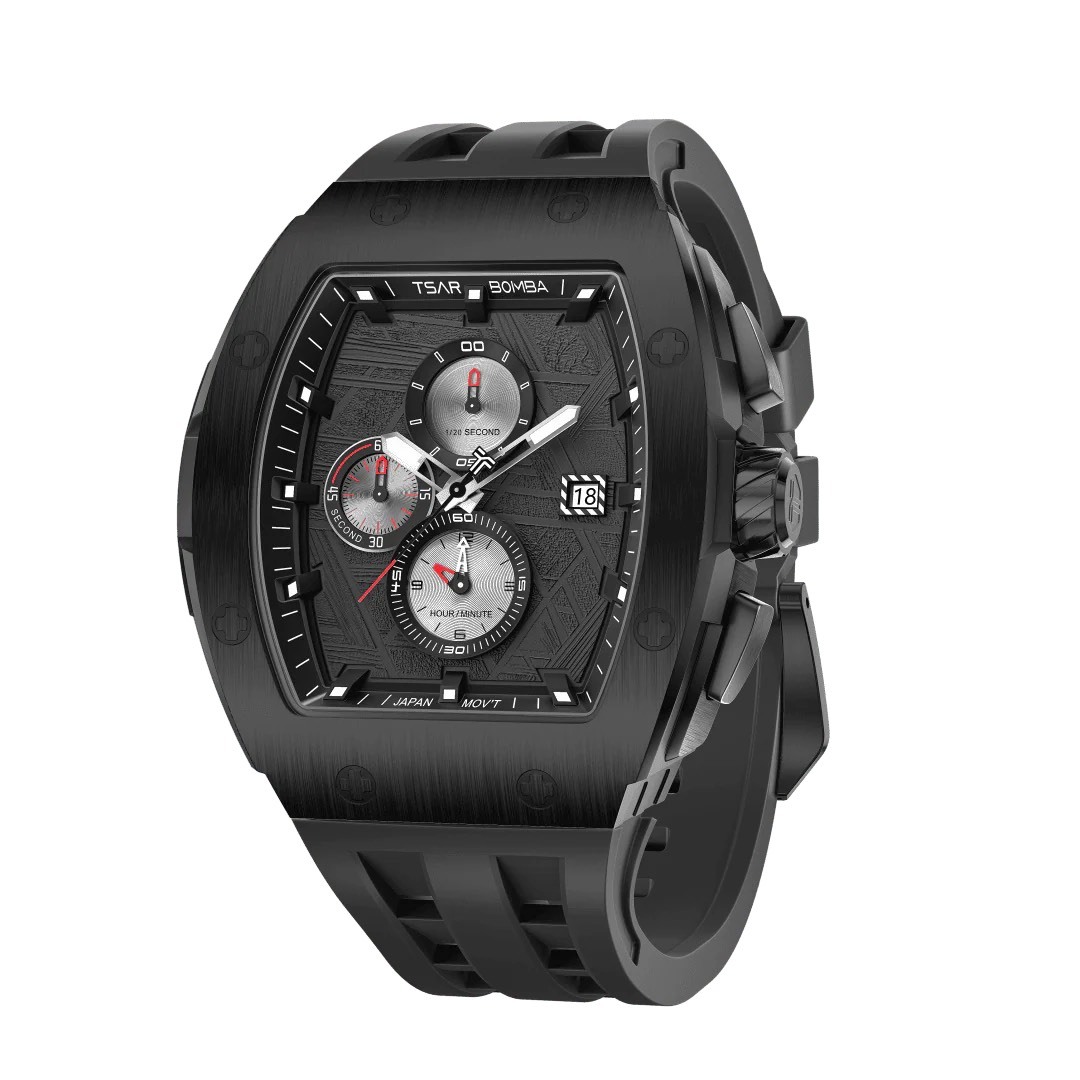 萬年鐘錶 - TSAR BOMBA 機械公爵 元素面盤黑框黑色矽膠三眼計時男錶 TB8211QII-07 錶徑 46MM