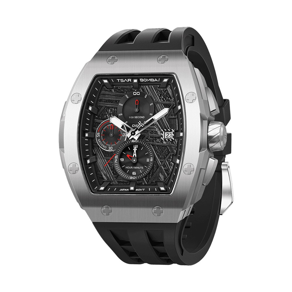 萬年鐘錶 - TSAR BOMBA 機械公爵 元素面盤銀框黑色矽膠三眼計時男錶  TB8211QII-08  錶徑 46MM