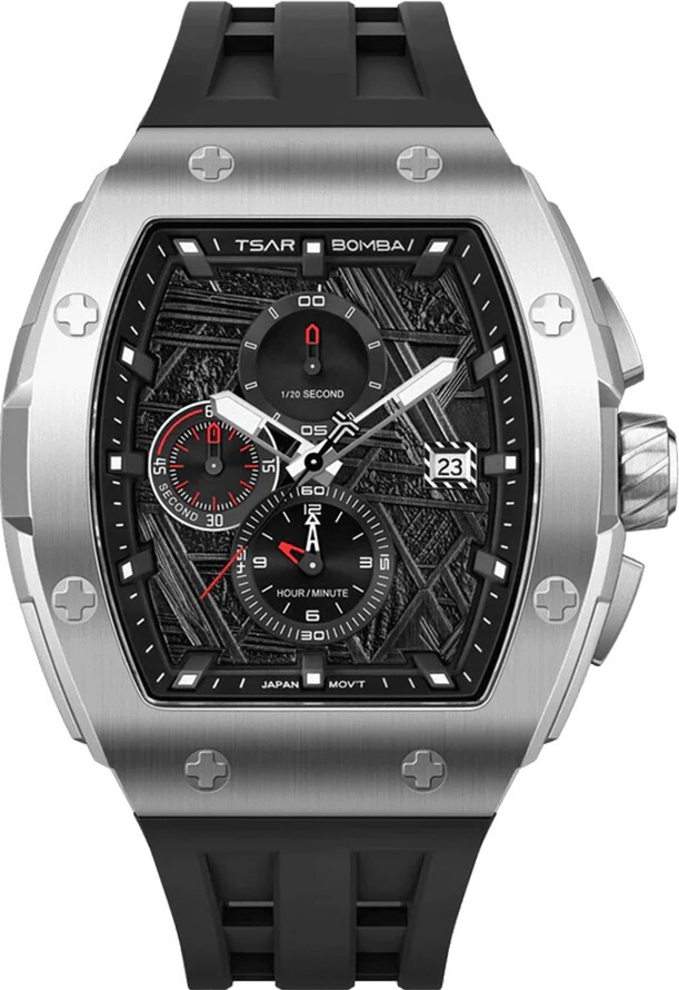 萬年鐘錶 - TSAR BOMBA 機械公爵 元素面盤銀框黑色矽膠三眼計時男錶  TB8211QII-08  錶徑 46MM