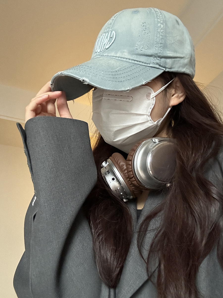 Distressed Washed Denim Heart Letter Embroidered Vintage Cap