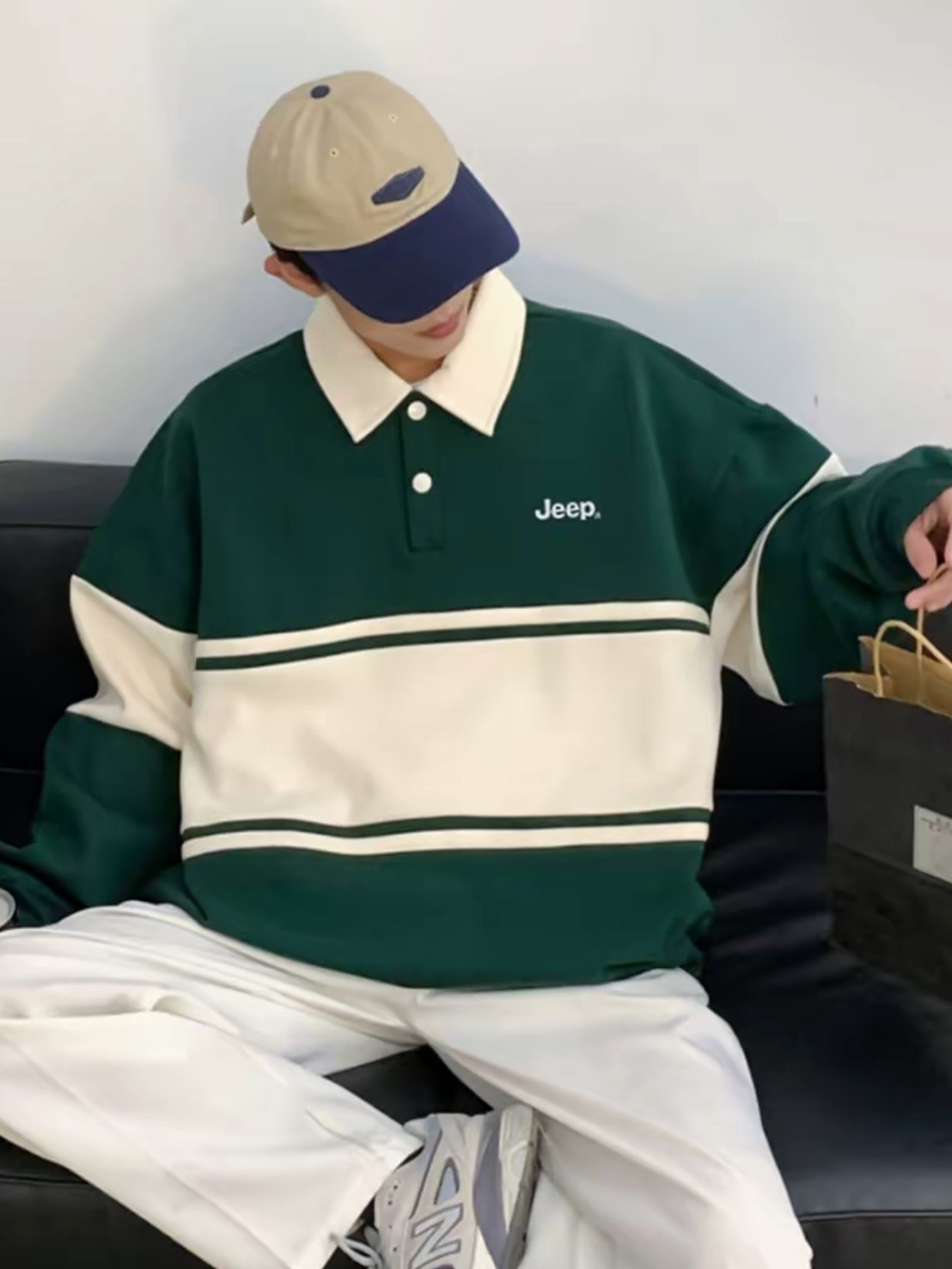 JEEP 加絨 拼條紋 翻領 衛衣