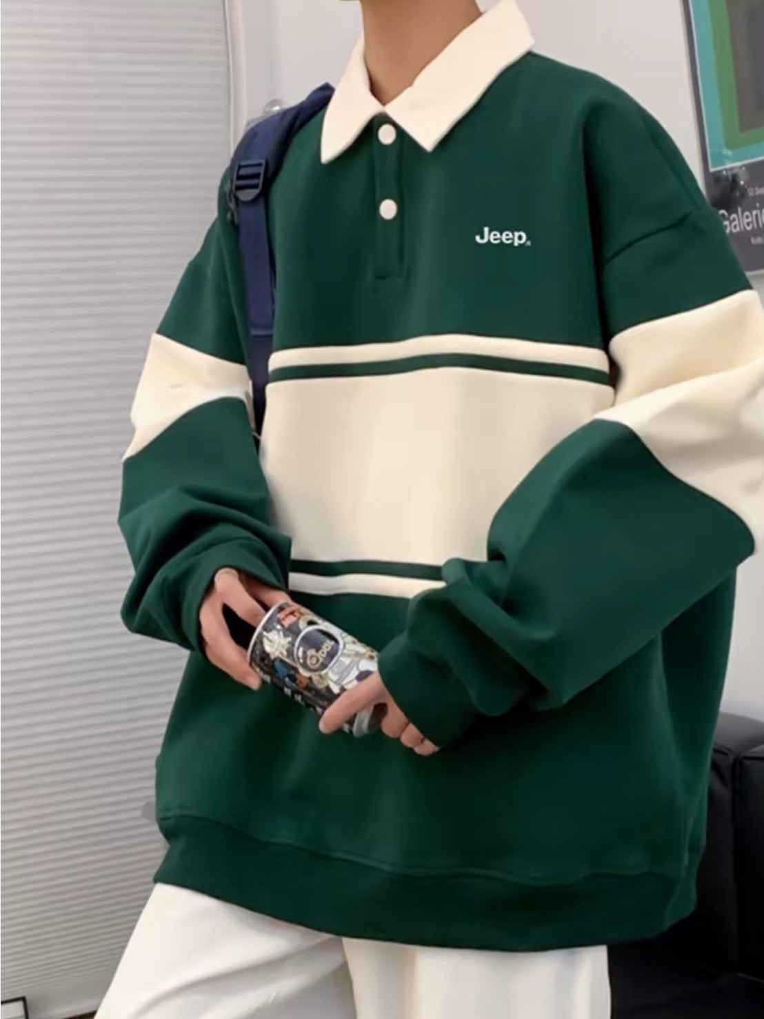 JEEP 加絨 拼條紋 翻領 衛衣