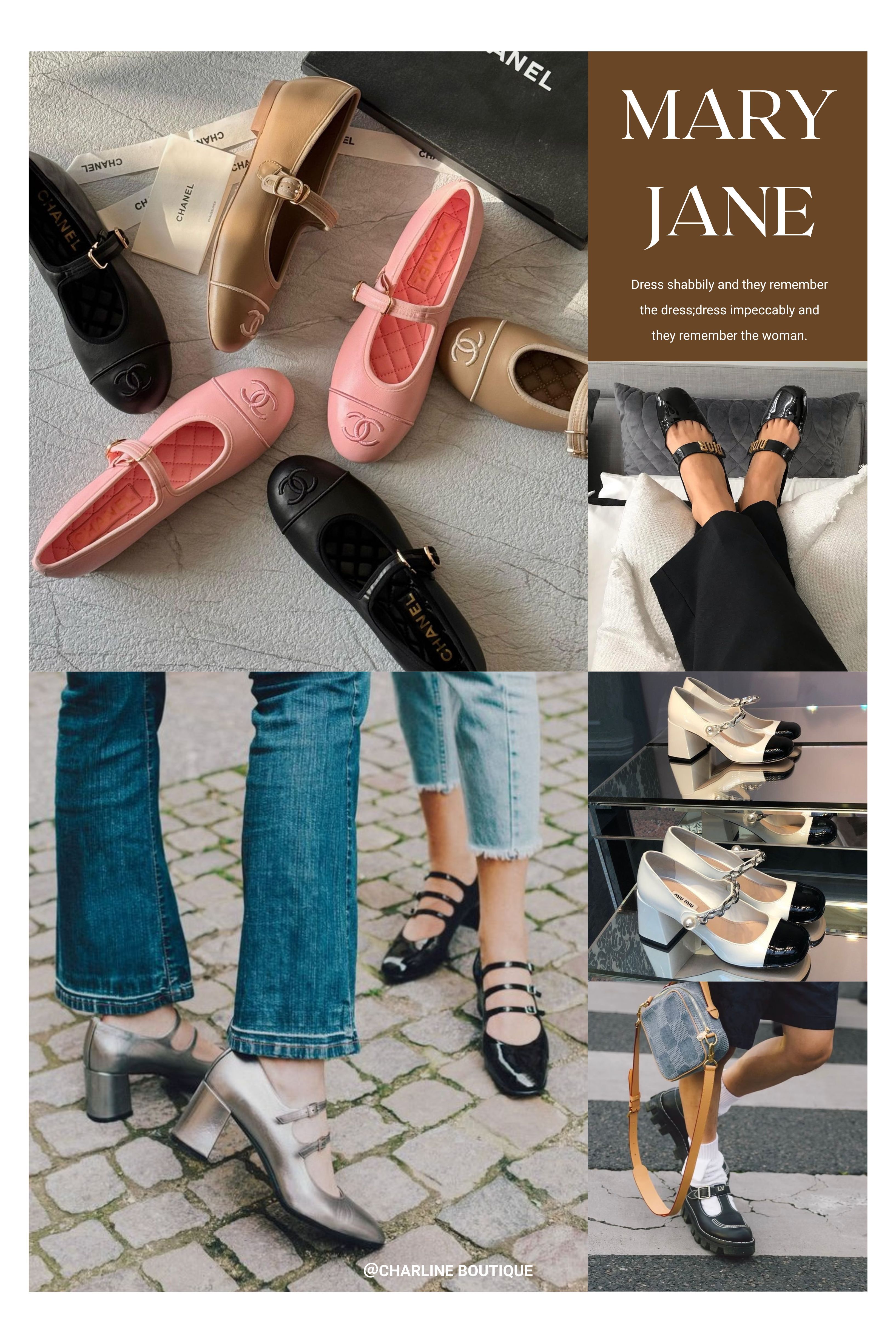 瑪莉珍鞋之所以魅力大增，是因為它好搭、好看、又能從甜美穿到俐落。看到這裡，很多人通常會開始思考尺寸、品牌、腳型與穿搭等實際問題。為此，Charline Boutique 也整理了以下常見的一些問題，讓您更快找到最適合自己的那一雙。 Mary Jane 瑪莉珍鞋相關Q&A Q1：瑪莉珍鞋為什麼突然爆紅？  A：瑪莉珍鞋會在近年全面爆紅，是因為它成功融合復古魅力、名人帶動與現代設計巧思，加上穿搭百搭度極高，讓這款原本偏甜美的鞋型快速擴散到各年齡層。Charline Boutique 觀察這幾年的趨勢，可以整理成以下幾個關鍵原因：  復古 × 現代的風格融合：保留經典方圓楦頭與細帶的復古味，同時加入更俐落的線條與厚底設計，能從學院風一路延伸到 Y2K、極簡、通勤等穿搭，呈現「懷舊又新潮」的特色。  明星與時尚偶像強勢帶動：Jennie、舒華、高允貞、GD 等人頻繁上腳，透過社群與機場穿搭掀起「瑪莉珍效應」，帶動全球年輕世代跟風。  設計更多元、機能升級：加入厚底、運動鞋結構、漆皮、珍珠扣、雕花、鬆緊帶等細節，讓瑪莉珍鞋不只可愛，還能率性、正式或休閒。  穿搭彈性與實穿性提升：可以搭裙裝、褲裝、洋裝、甚至西裝褲，從通勤到約會都合適，是近年出鏡率最高的鞋款之一。  跨年齡皆可駕馭：方圓楦頭與細帶比例能修飾腳型，不只 20+ 的女孩喜歡，30～40+ 的通勤女性也能穿出俐落氣質。    Q2：瑪莉珍鞋怎麼選尺寸？需要買大半號嗎？  A：瑪莉珍鞋的尺寸挑選原則以「剛好合腳」為最理想，不建議為了怕磨腳就刻意拿大半號，除非你腳偏寬、腳背高或會搭配較厚的襪子。Charline Boutique 常常遇到客人詢問尺寸問題，可以用以下幾點來判斷：  一般情況：以正常尺碼為主，只要鞋子貼合腳背、腳趾不被壓迫，通常就是最合適的尺寸。  腳偏寬或會搭配襪子：腳板較寬、腳背較高，或習慣穿中厚襪，可以考慮大半號，避免前掌壓迫。  理想的合腳標準：腳尖與鞋尖內側之間保留約一指寬空間，腳趾能自然活動、不頂到鞋頭。  材質會影響穿感：漆皮與小羊皮通常較貼腳，小牛皮則包覆穩定；鞋面軟硬、楦頭設計都會改變穿起來的感受。  試穿時間：建議在下午或傍晚腳略微浮腫時試穿，更接近日常行走狀態。  避免過大或過小：太大容易在鞋內滑動、磨腳；太小會擠壓腳趾與腳背，久走會明顯不舒服。    Q3：第一次買瑪莉珍鞋，哪個品牌比較推薦？  A：第一次入手瑪莉珍鞋，可以依照「風格、預算、穿著需求」在精品與運動品牌之間做選擇。Charline Boutique 的經驗分享是：以下這幾個品牌的瑪莉珍鞋詢問度最高，也最不容易踩雷。  精品路線（追求質感與造型）：  Chanel： 雙色鞋頭、菱格紋與蝴蝶結等細節，典雅耐看，很適合通勤與正式場合。  Miu Miu： 漆皮、厚底、金屬鏈條設計，甜中帶酷，是近年聲量最高的瑪莉珍。  Dior： 珍珠扣、雕花、籐格紋等元素，氣質浪漫，很適合法式風格。  Louis Vuitton： 厚底結合 Monogram 細節，偏潮流與街頭感，適合喜歡個性的造型。  Roger Vivier： 方鑽扣、各種鞋跟高度，從平底到中跟都很美，宴會與正式場合首選。  機能/運動路線（追求好走舒適）：New Balance、Rockfish、部分機能品牌瑪莉珍： 以輕量、好走、透氣為主，適合通勤與長時間行走。    Q4：瑪莉珍鞋選哪種材質比較好？漆皮、羊皮、小牛皮差在哪？  A：材質會決定瑪莉珍鞋的「好穿程度、耐用度與好不好照顧」。Charline Boutique 自己覺得：第一次買可以優先考慮漆皮或小牛皮，兼顧外型與實穿。  漆皮（Patent Leather）：光澤感強、耐髒、輕微潑水沒問題，但皮質較硬，新鞋前幾次較容易磨腳。  小羊皮（Lambskin）：非常柔軟、親膚、幾乎不需要磨合期，但較怕刮、怕撞，需多留心穿著場合。  小牛皮（Calfskin）：介於漆皮與羊皮之間，耐用又不會太硬，是很多客人回饋「最實穿」的材質。  布面 / 緞面 / 毛呢：視覺效果很加分，適合特定季節或宴會穿搭，但相對不耐髒，需要更細緻的保養。    Q5：平底瑪莉珍好，還是厚底 / 帶跟款比較好看、顯腿長？  A：如果您在意比例與腿長，3–5cm 的粗跟或厚底瑪莉珍通常比完全平底更修飾。客人最有感的是 Charline Boutique 提供的建議：日常可以選微跟或厚底，舒適與比例兼顧。  平底款：適合本身身高較高、或追求極致舒適的人，搭長裙、寬褲也很好看。  粗跟 / 厚底款：能無痛增高、自然拉長小腿線條，也能解決部分平底鞋容易顯腿粗的問題。  中跟（3–5cm）：是很多人在通勤與聚會之間的最佳平衡點，既安全也不容易累。    Q6：腳寬、拇指外翻或小腿有肉，適合穿瑪莉珍鞋嗎？  A：可以，但要更在意鞋楦與繫帶位置。Charline Boutique 留意到：只要選對楦頭與帶子高度，很多人反而覺得瑪莉珍比一般平底鞋更修飾。  楦頭選擇：寬腳或拇指外翻，優先選「方圓楦」或「稍微偏寬的楦頭」，避免過尖或過窄。  繫帶位置：一字帶在腳背較低處，比繫在腳踝的位置更不會截斷腿，看起來腿更長。  鞋面設計：柔軟皮革＋可調節帶子，對有腳型困擾的人會友善很多。    Q7：30+、40+ 穿瑪莉珍鞋會不會太裝嫩？  A：不會，只要善用顏色與鞋型，瑪莉珍反而是很適合熟齡的減齡鞋款。很多客人跟 Charline Boutique 分享過：只要避開過於可愛的配色，反而會顯得俐落有氣質。  顏色建議：黑色、勃根地紅、深棕、奶油米色等，比粉嫩糖果色更適合成熟穿搭。  鞋型選擇：方頭、尖圓頭、細練帶、簡潔扣飾，比圓滾滾的娃娃頭更俐落。  搭配技巧：搭配西裝外套、寬褲、長裙，比迷你裙更適合 30+、40+ 的氛圍。    Q8：瑪莉珍鞋適合哪些場合？可以通勤、旅行、婚禮都穿嗎？  A：瑪莉珍的優點就是「一雙多用途」，從通勤、逛街到婚禮、宴會都能派上用場。在實際代購過程中，Charline Boutique 整理後的心得是：選對跟高與材質，就能應付不同場合。  通勤 / 上班：小牛皮或漆皮、2–4cm 粗跟或厚底，既穩又有精神。  旅行 / 逛街：平底或微厚底、柔軟皮革或機能款瑪莉珍，會比高跟來得友善。  婚禮 / 宴會：有鑽扣、緞面、珍珠細節的高跟瑪莉珍，是婚鞋與宴會鞋的熱門選擇。  約會 / 聚會：漆皮或亮面材質、細練帶、方頭或微尖頭，很容易穿出精緻感。    Q9：瑪莉珍鞋要怎麼保養？漆皮、皮底可以淋雨嗎？  A：多數瑪莉珍鞋雖然鞋面看起來防水，但鞋底與皮革仍怕潮濕與刮傷。Charline Boutique 特別想提醒大家：精品鞋「能不淋雨就不要淋」。  漆皮：可用微溼布輕輕擦拭污漬，避免酒精與強力清潔劑。  小牛皮 / 羊皮：可使用專用皮革保養乳，薄薄一層即可，避免過度上油。  鞋底加底：很多精品瑪莉珍鞋是皮底，建議拿去專業修鞋店加貼橡膠底，增加防滑與耐磨度，也比較不怕雨天。  收納方式：不穿時放回鞋盒、放入鞋撐或紙團，避免鞋面塌陷變形。    Q10：除了精品品牌，還有哪些平價或運動風的瑪莉珍鞋值得入手？  A：如果您還不確定自己是否適合厚底或正式感較強的精品瑪莉珍，運動風瑪莉珍是非常好的過渡選擇。它們著重舒適度、包覆性與輕量腳感，特別適合需要長時間走路或通勤的人。Charline Boutique 觀察到：許多客人都是先從「運動瑪莉珍」開始，確認風格後再升級精品款，成功率最高。  機能型瑪莉珍：Rockfish、Discovery、New Balance（部分輕量鞋型）、Skechers 都有推出運動風瑪莉珍。鞋底柔軟、緩震效果佳，再加上鬆緊帶或魔鬼氈設計，穿脫快速又方便，非常適合通勤或久走需求。  風格過渡的最佳選擇：運動型的瑪莉珍鞋能讓您先適應「瑪莉珍繫帶＋腳背露出」的造型比例，同時保有運動鞋的輕量腳感。靠這類鞋當作「第一雙瑪莉珍」，能更快找到最適合自己的風格，再升級精品款時也不會後悔。