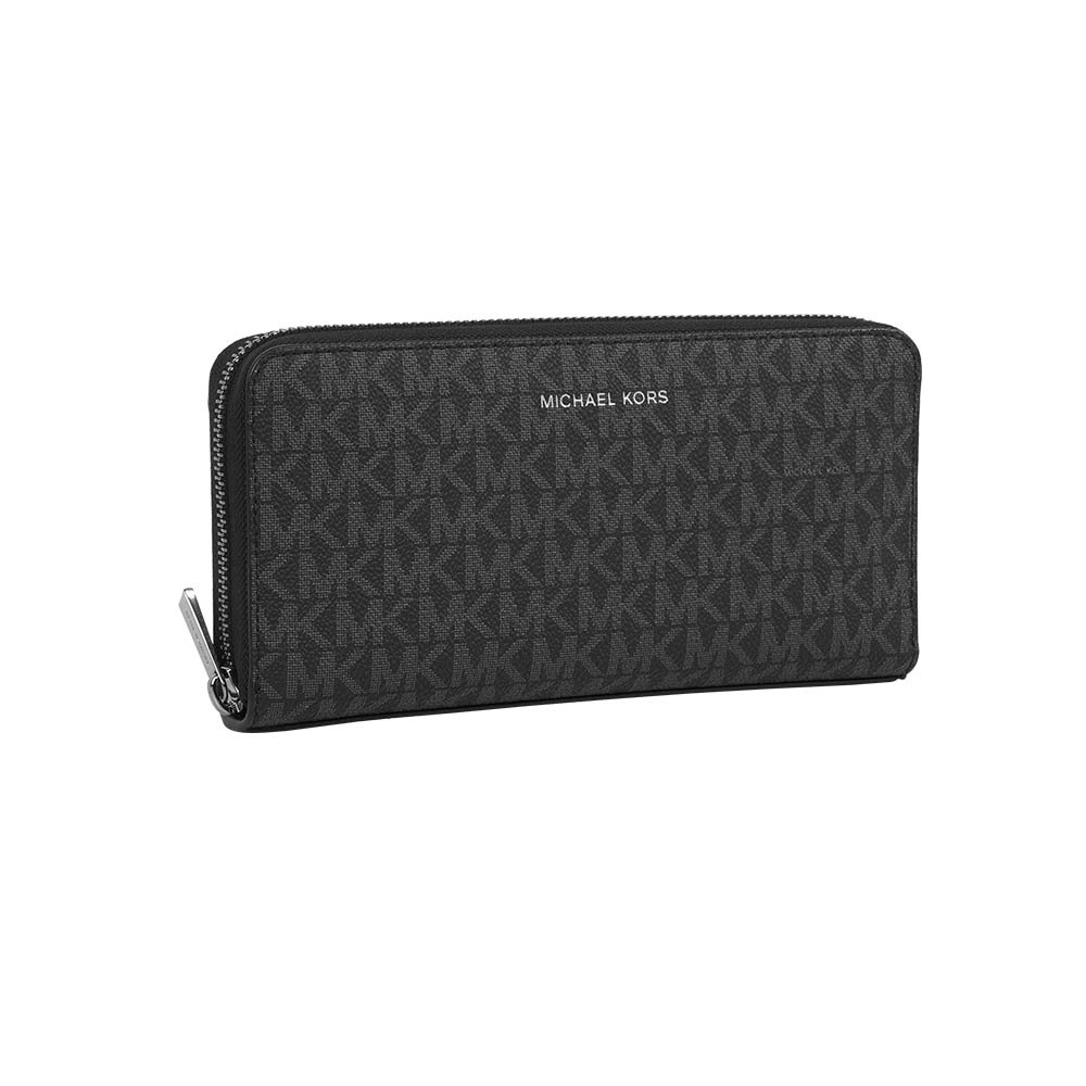 【Michael Kors】Cooper 銀字滿版塗層帆布ㄇ形拉鍊直式長夾(黑色)