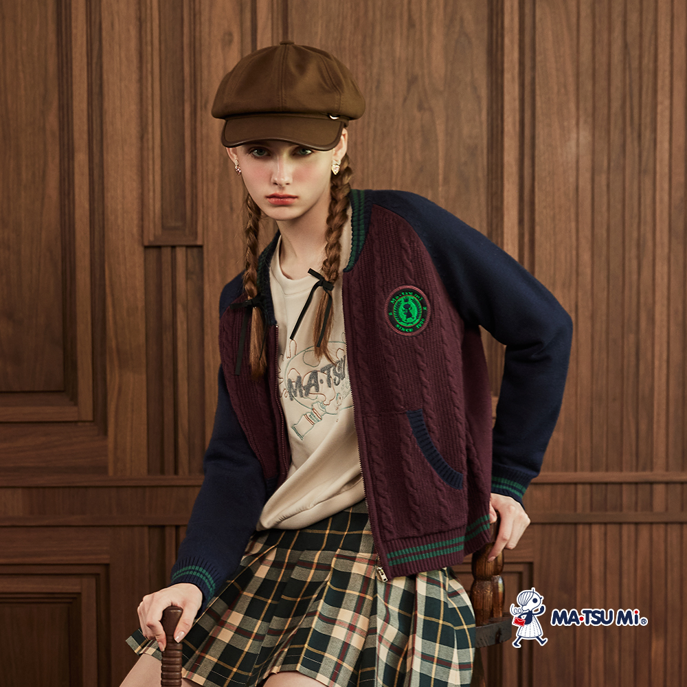 MA‧TSU Mi 撞色學院風麻花編織針織外套上衣(紅.咖)