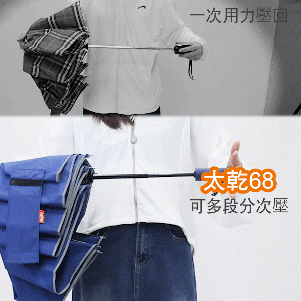 太乾68 自動傘安全防暴衝機制演示，可分段壓回中棒，省力且防止回彈誤傷
