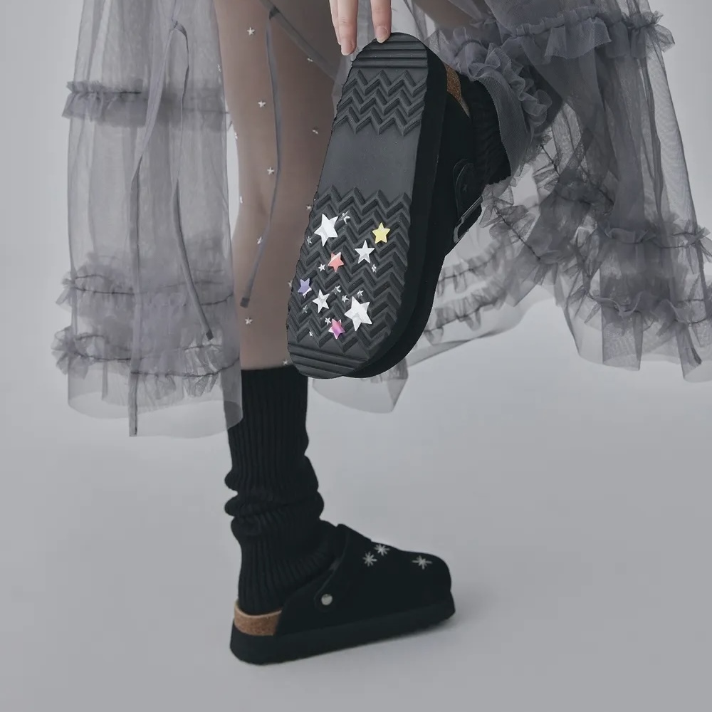 OTZ x LOFA SEOUL 麂皮 星星刺繡 黑色 勃肯鞋 厚底 懶人拖/堆堆襪 FLOTFA3W49