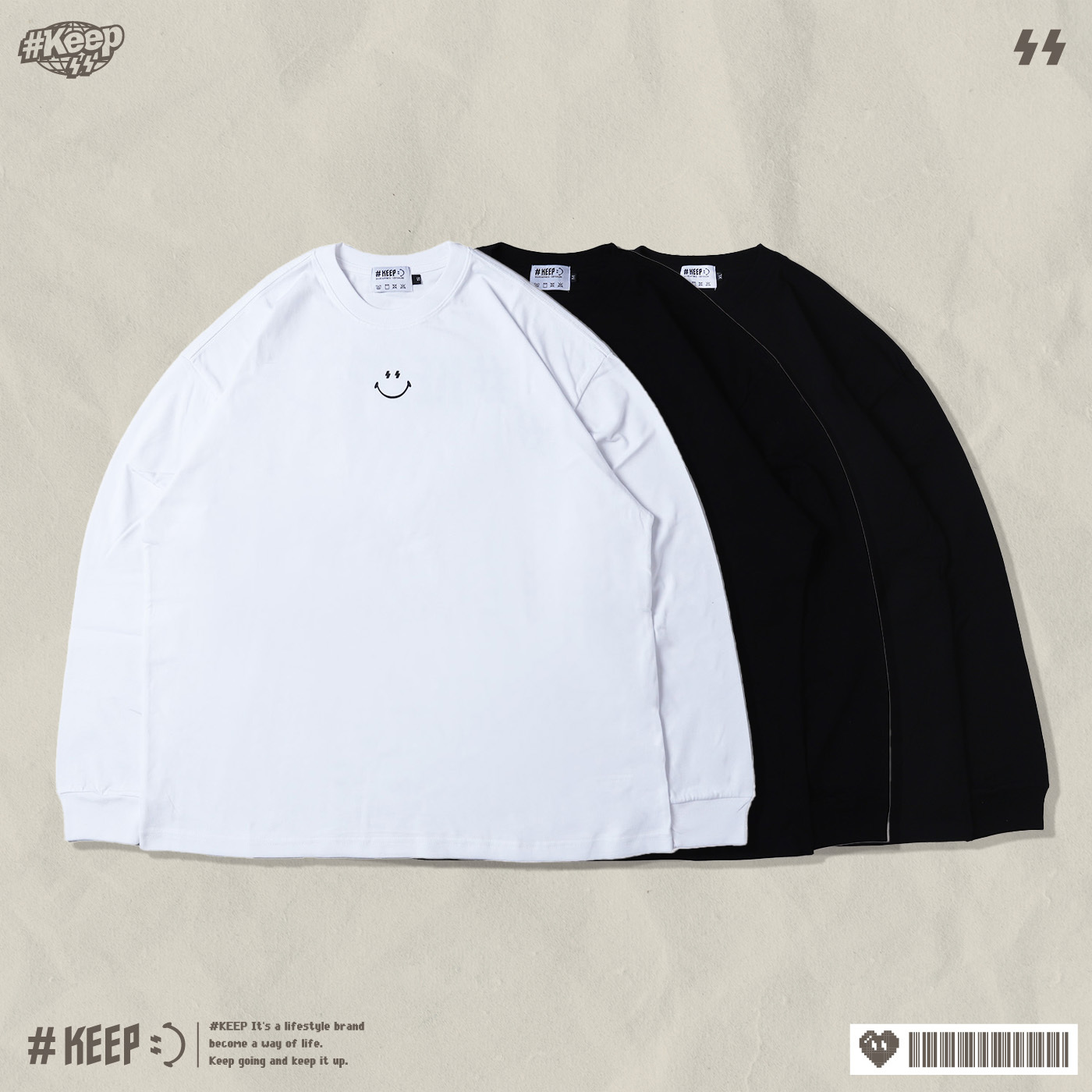 #KEEP CLASSIC Long Sleeve TEE 白色 黑色 黑銀色 印花 笑臉 寬版 落肩 保持經典 長TEE【KS331】