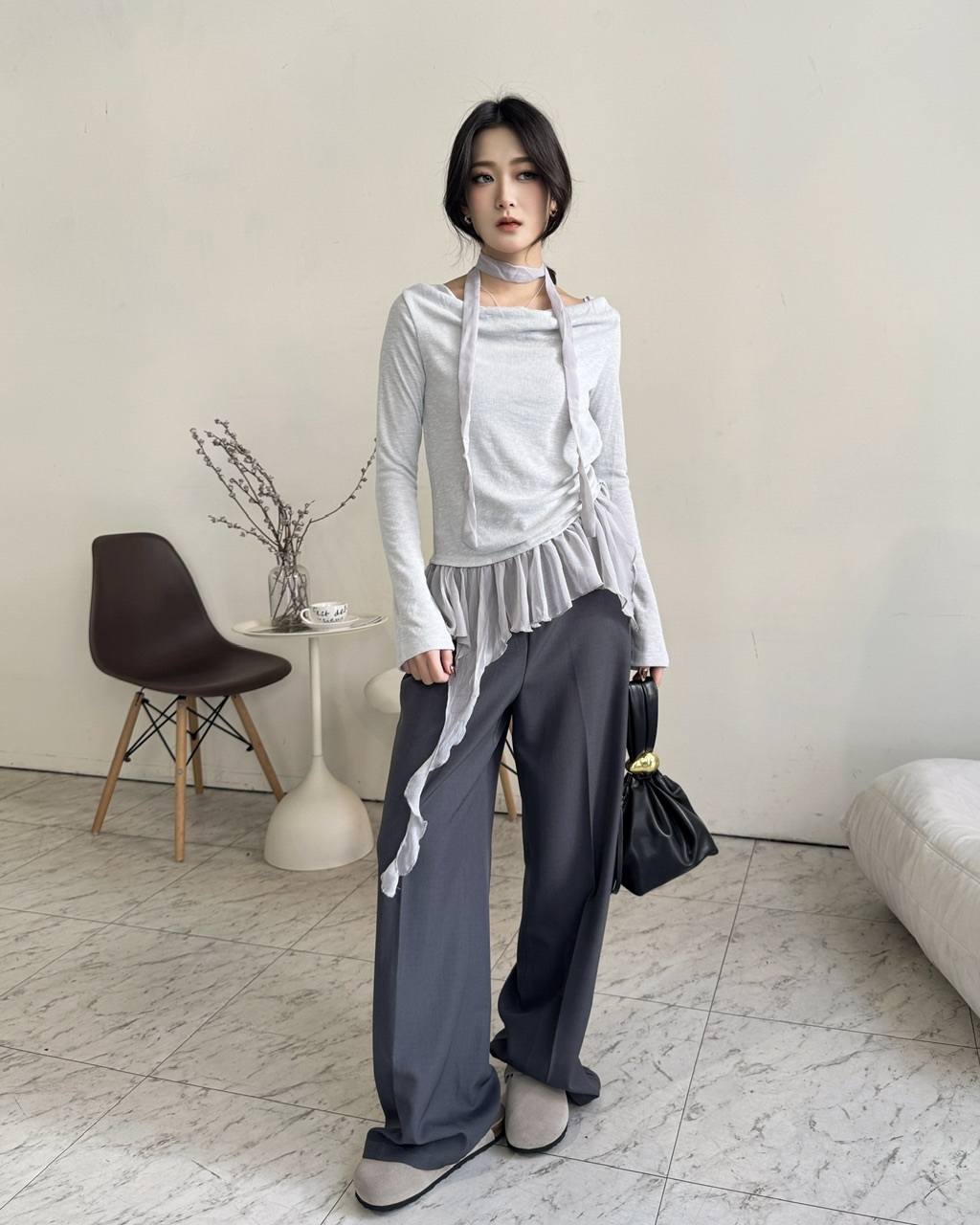 浪漫下擺雪紡紗長袖繞脖上衣-1067/067A