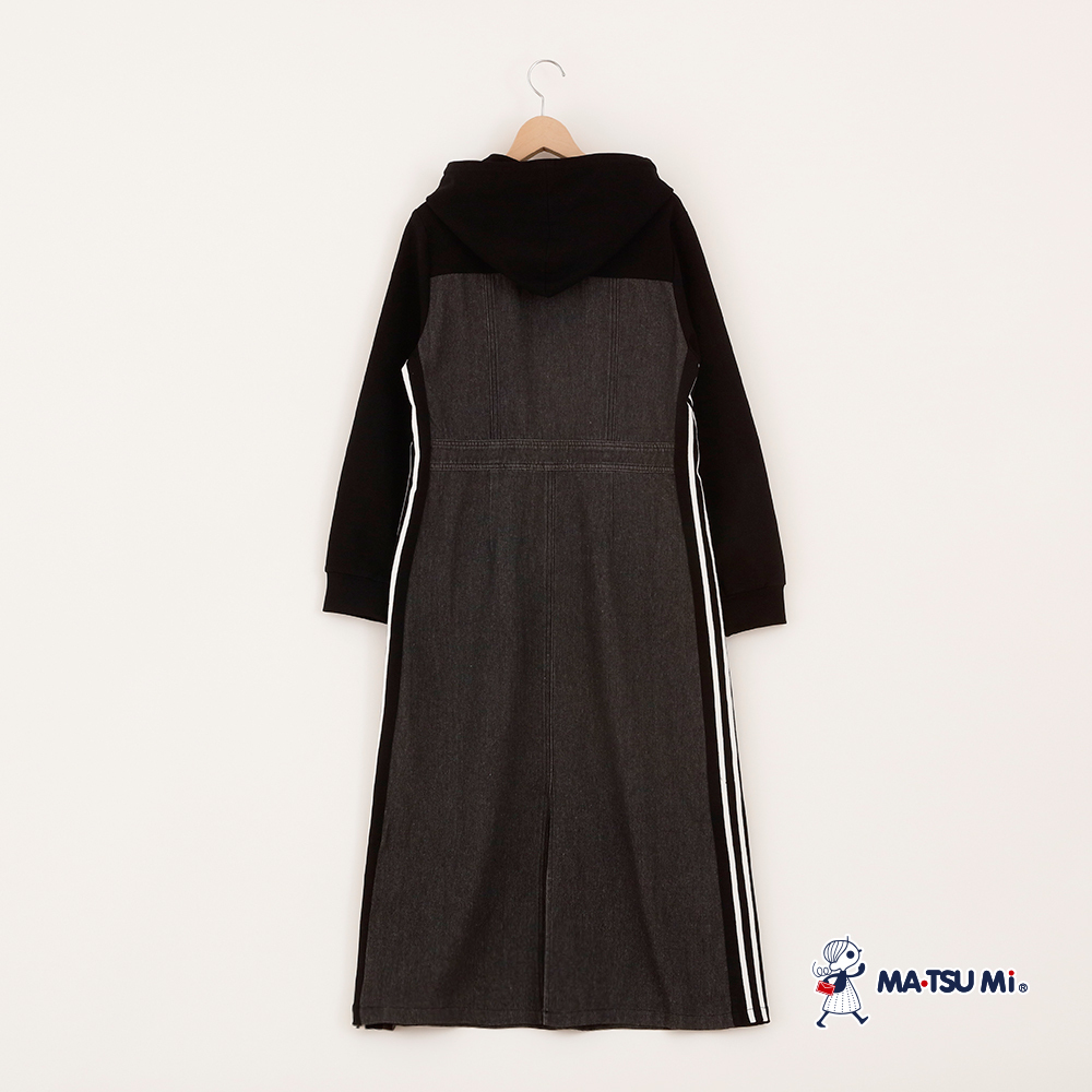 MA‧TSU Mi 休閒運動風連帽拼接牛仔長洋裝(黑)