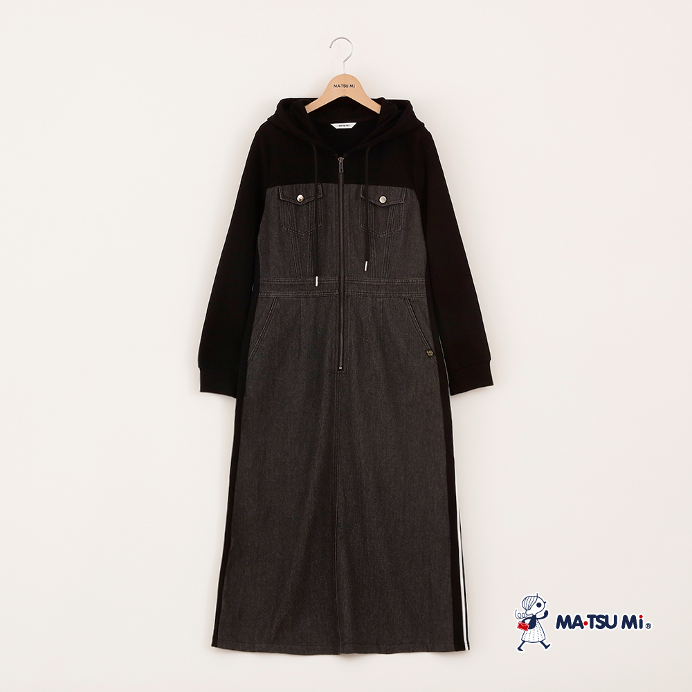 MA‧TSU Mi 休閒運動風連帽拼接牛仔長洋裝(黑)