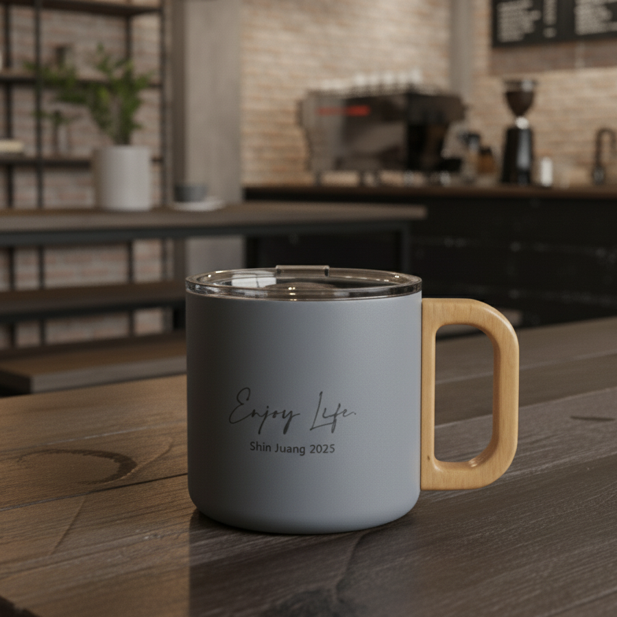 質感原木金屬馬克杯|櫸木手把|雙層不鏽鋼|免費客製化服務|附杯蓋