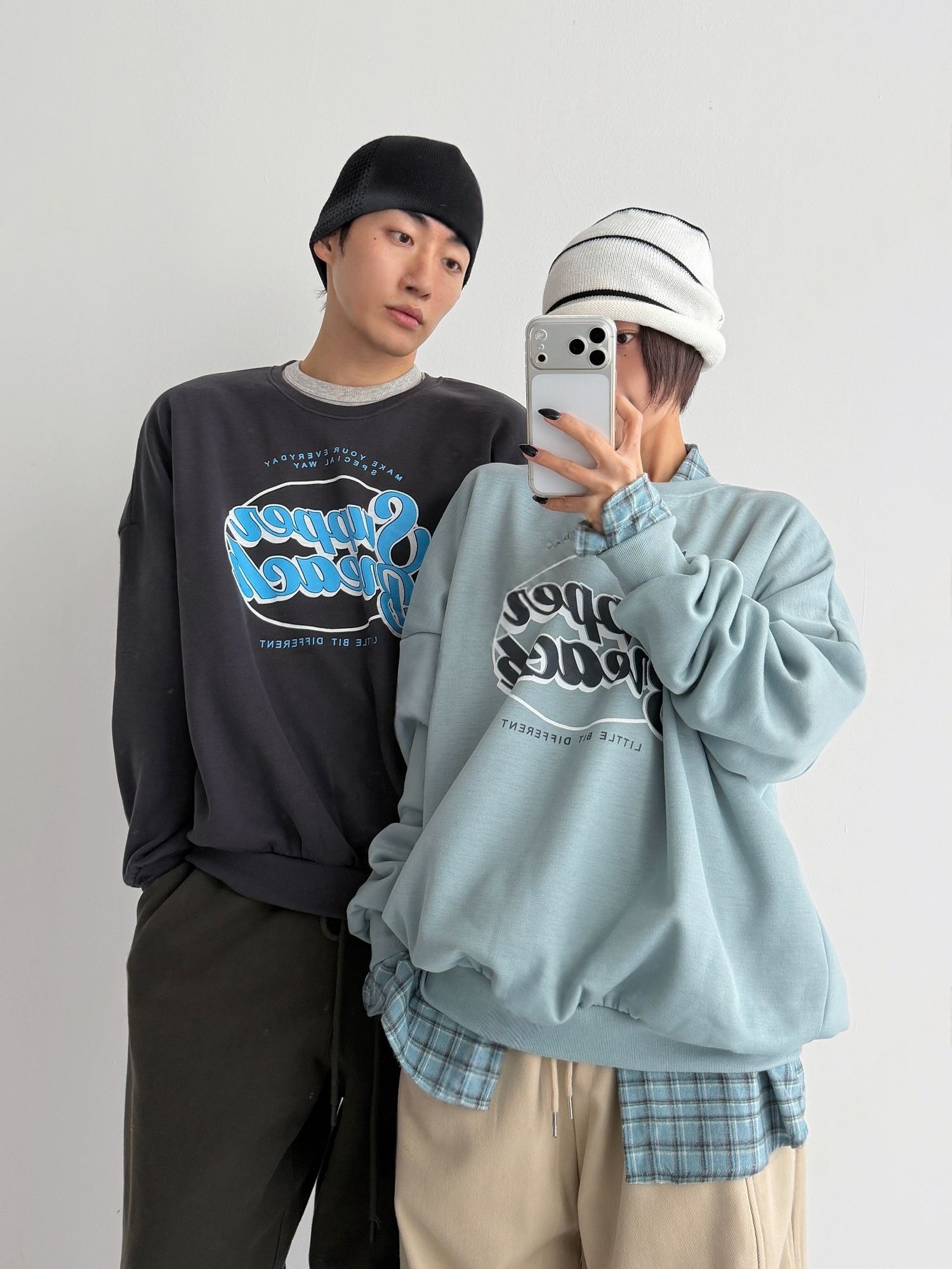 THankus 韓系情侶衛衣｜三色上身示範（薄荷、燕麥、墨色）