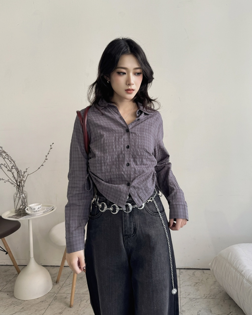 側抽繩格紋襯衫-0531