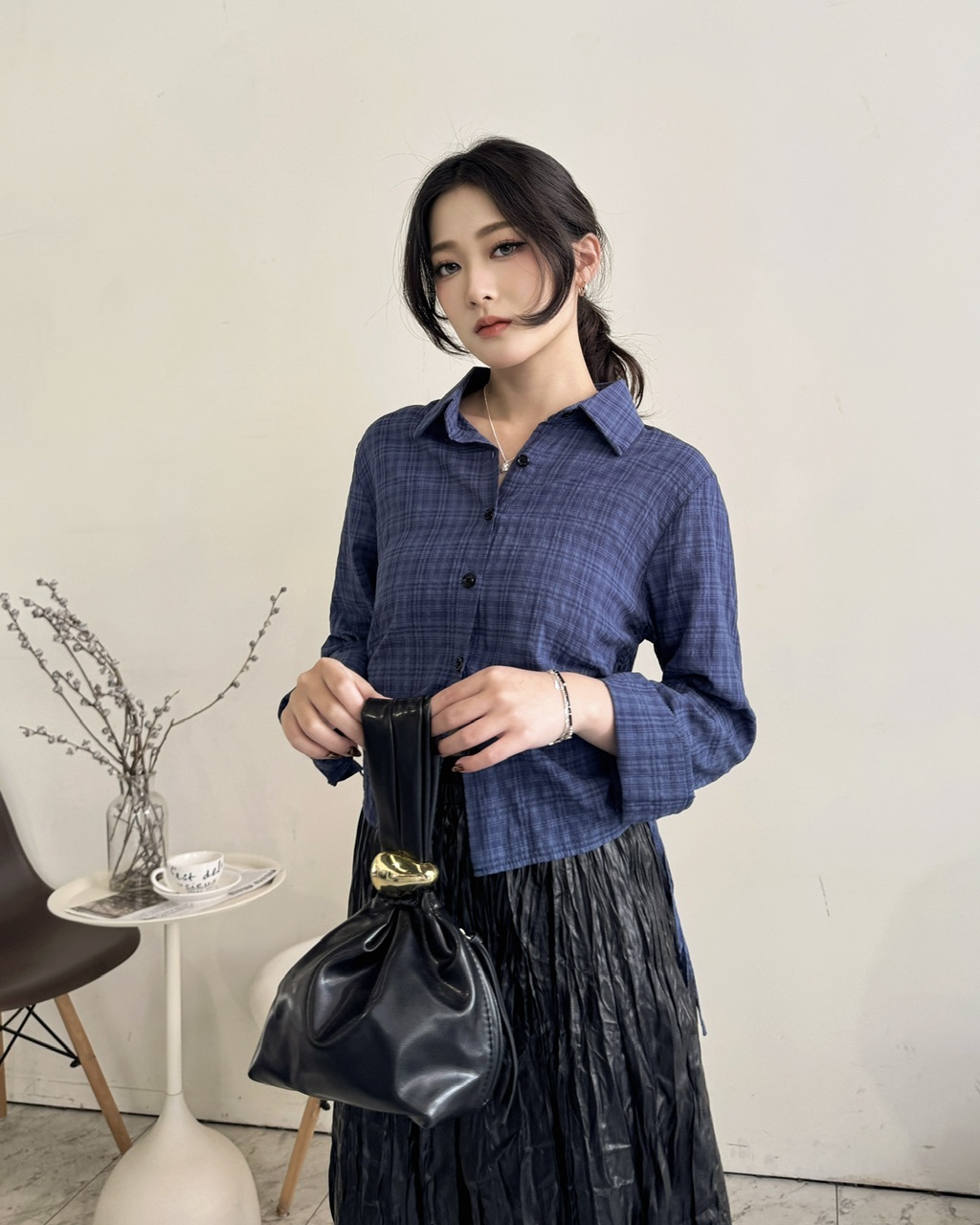 側抽繩格紋襯衫-0531