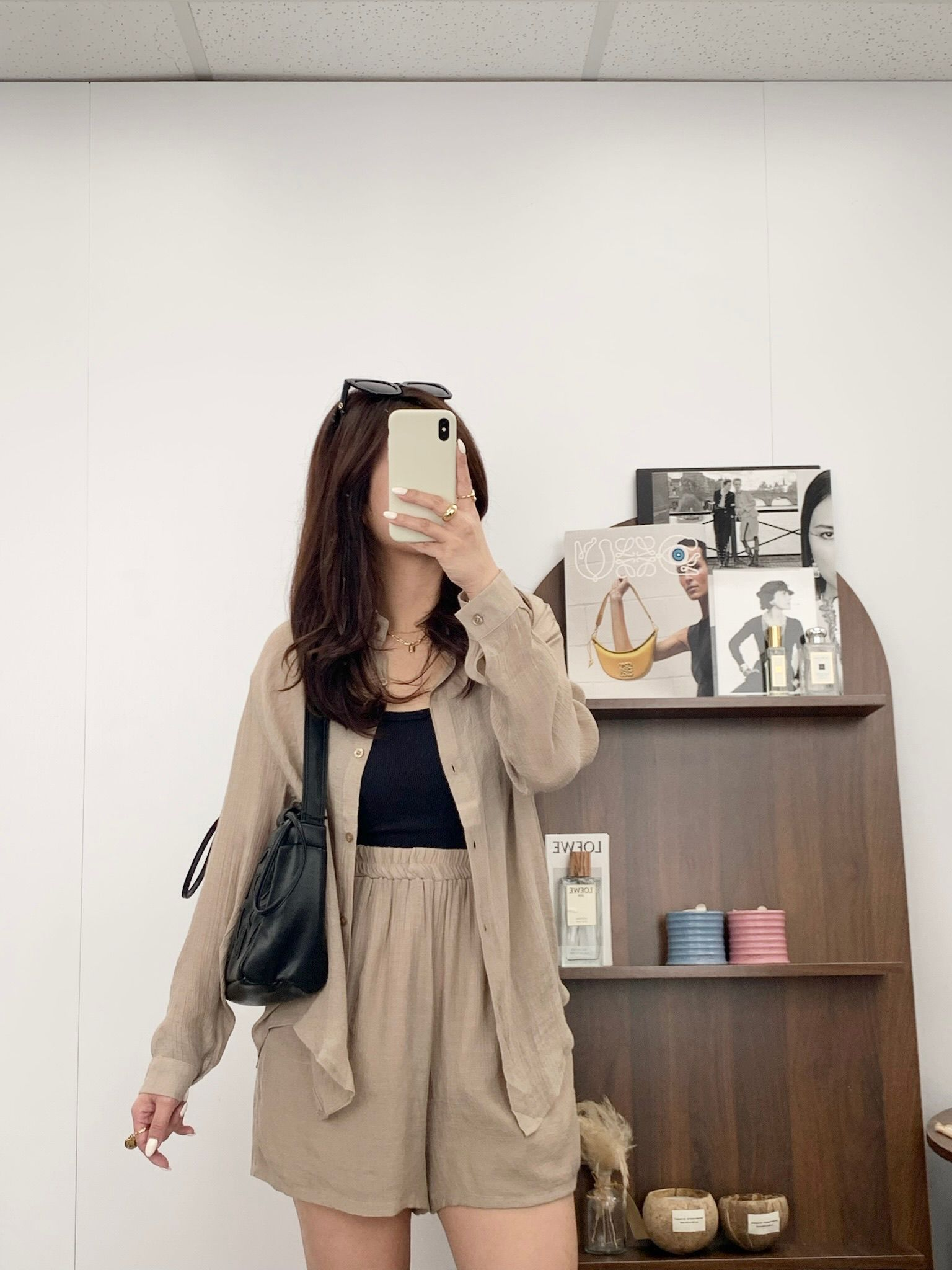 棉麻透薄恤衫短褲套裝(杏色)