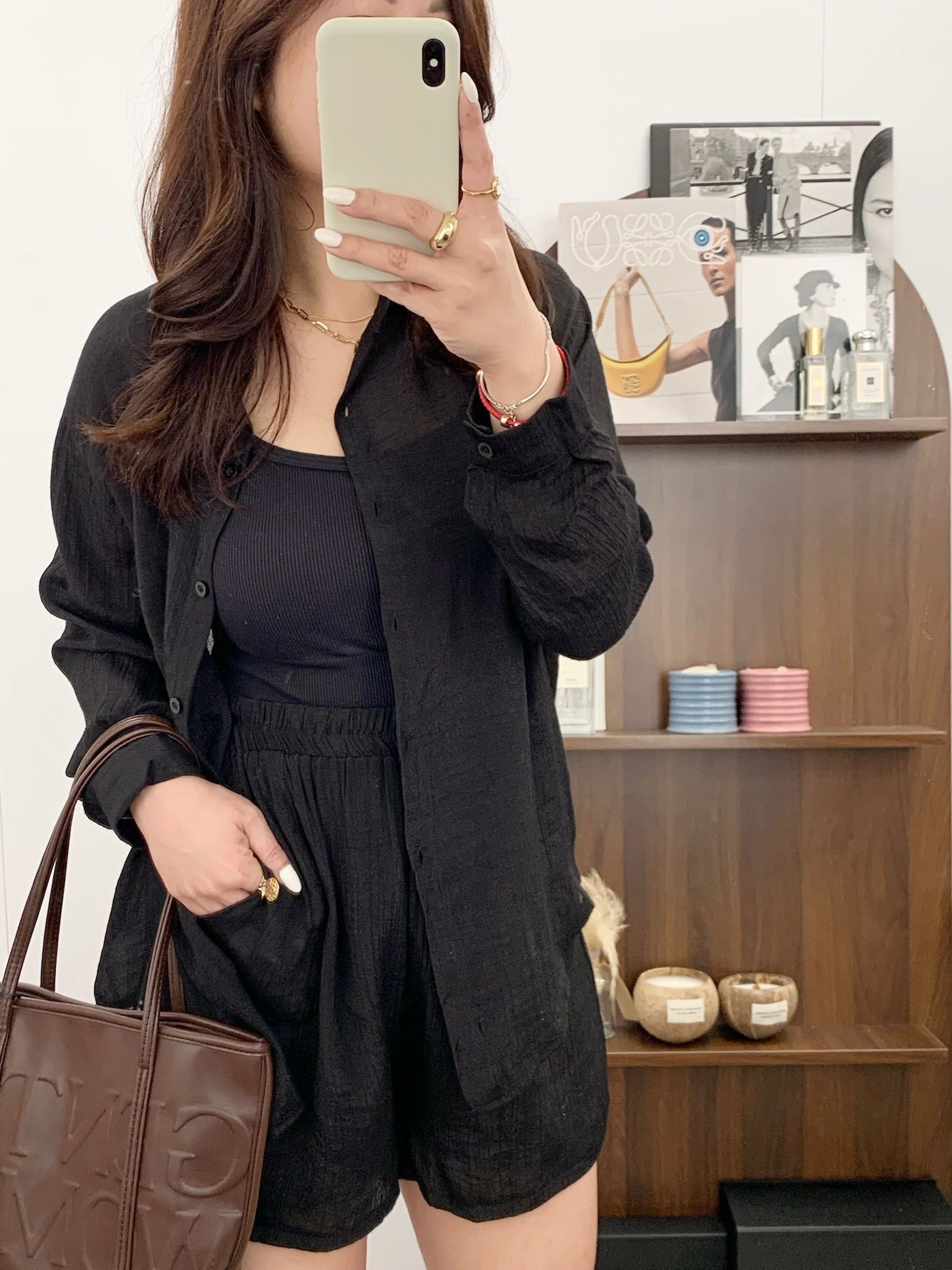 棉麻透薄恤衫短褲套裝(黑色)