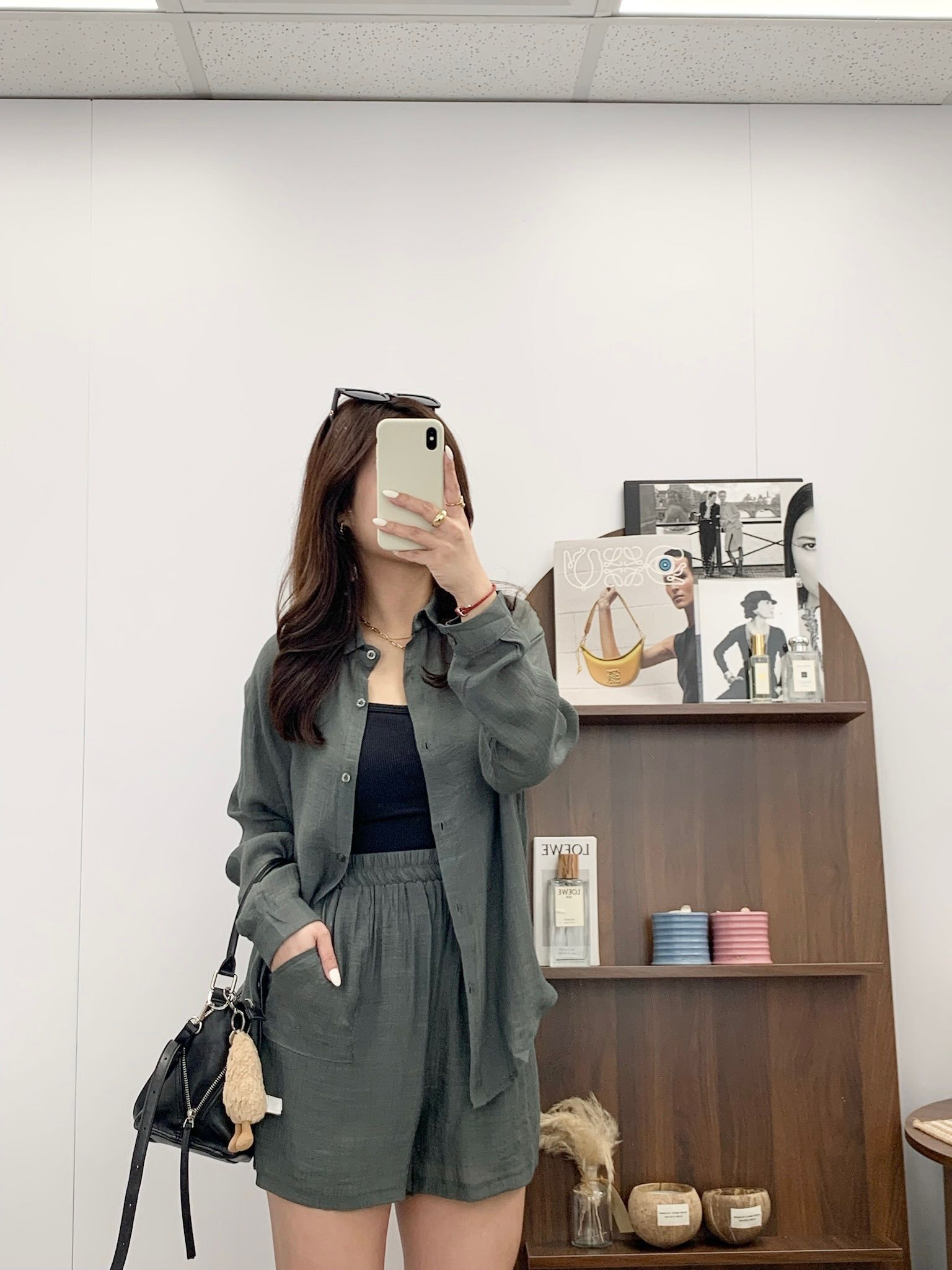 棉麻透薄恤衫短褲套裝(灰色)