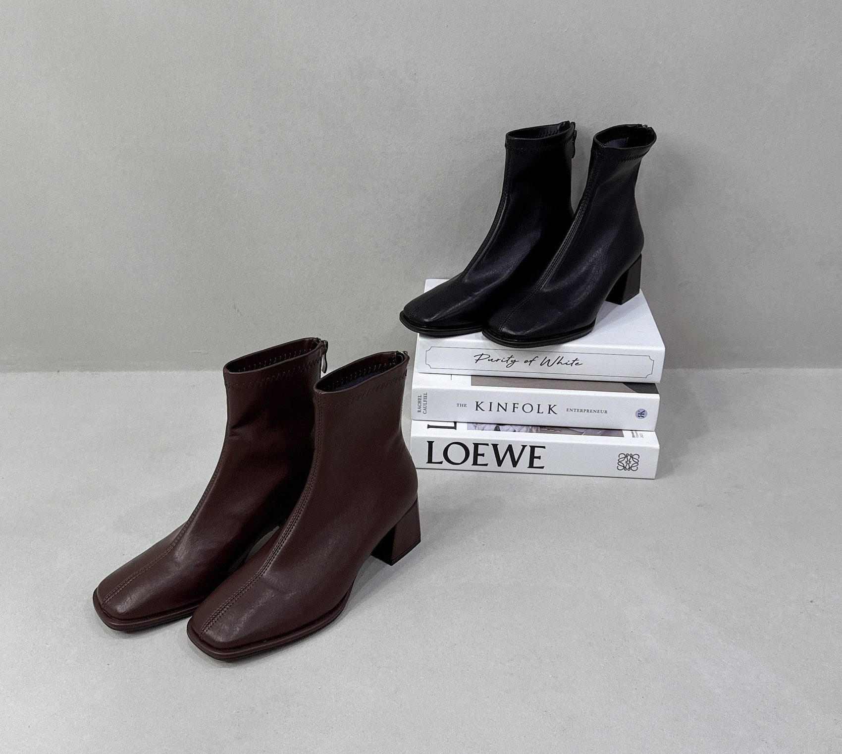 方頭車線後跟短靴