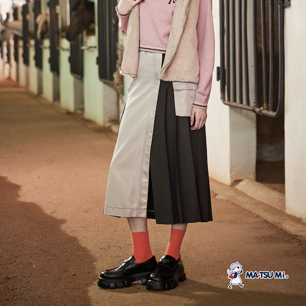 MA‧TSU Mi 不對稱雙色拼接感腰帶工裝打摺長裙(咖.深灰)