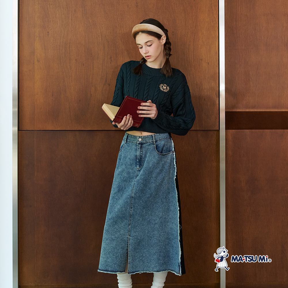 MA‧TSU Mi 休閒感撞色拼接抽鬚A字牛仔長裙(深藍)