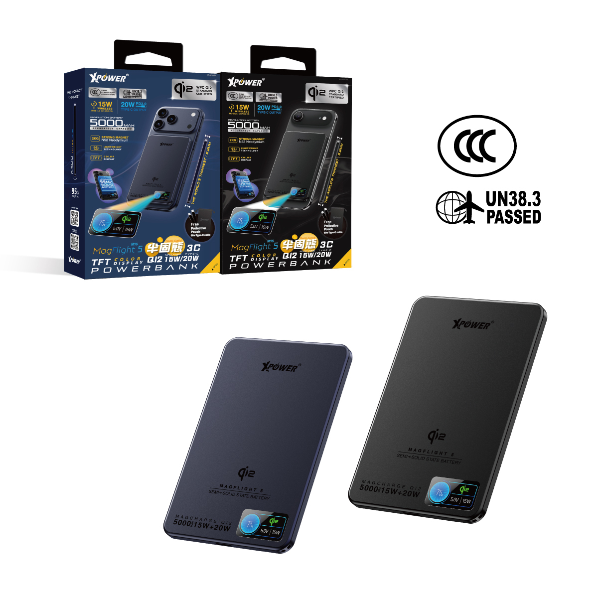 (3C認證) XPower MagFlight5 M16 鋁合金半固態TFT彩屏顯示 QI2 15W/20W 5000mAh 磁吸行動電源