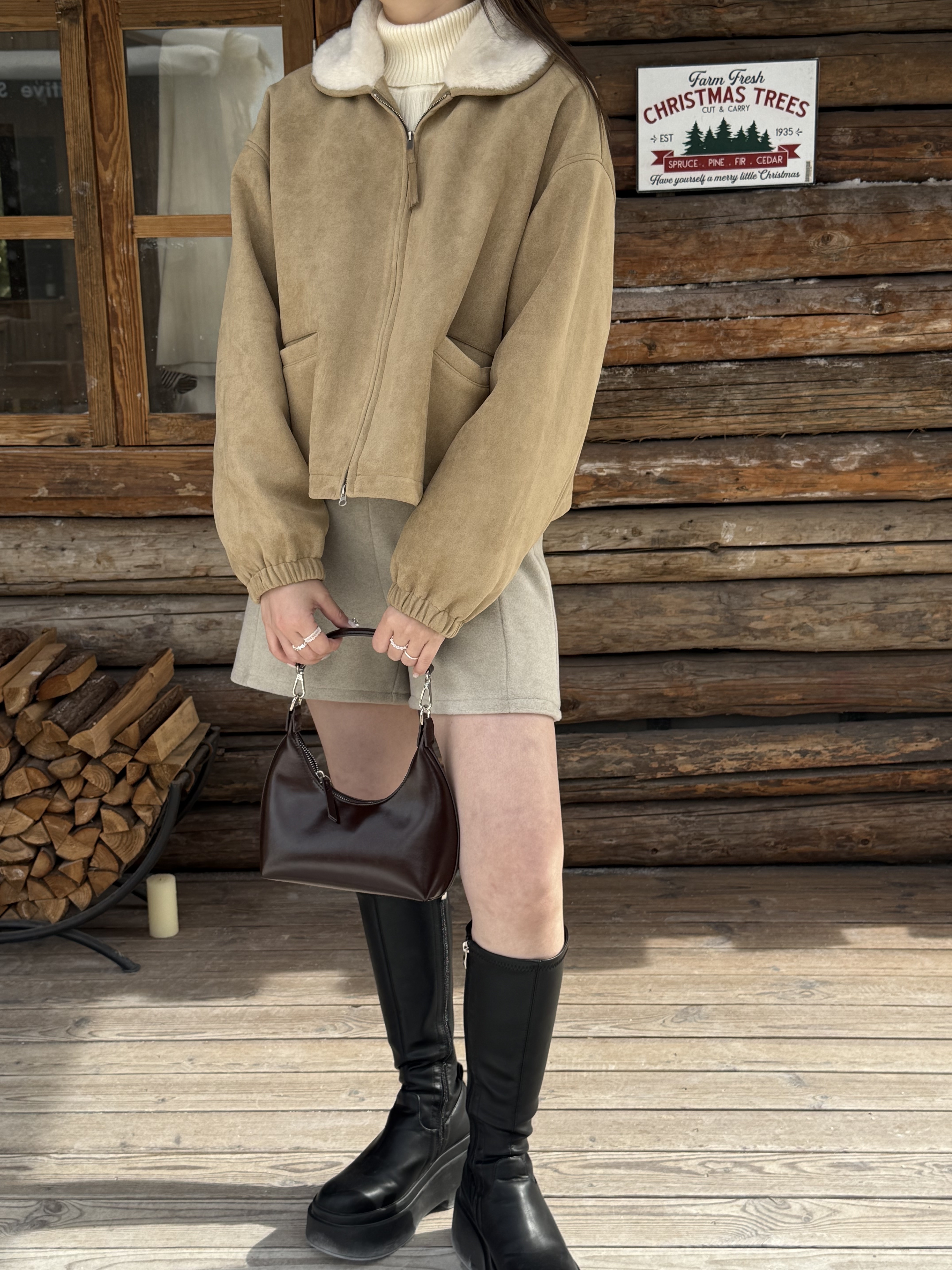 毛毛領麂皮羽絨短版外套