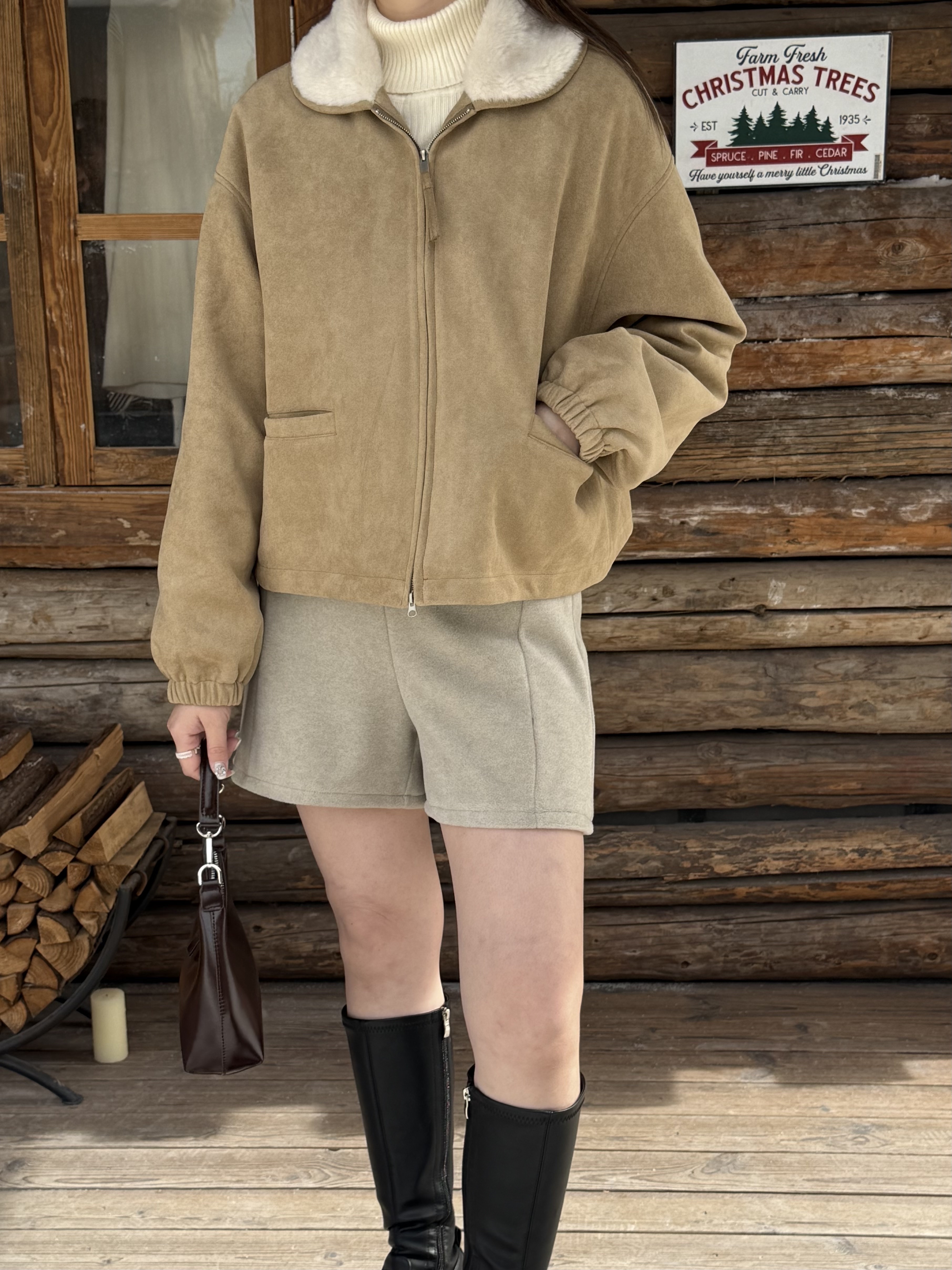 毛毛領麂皮羽絨短版外套