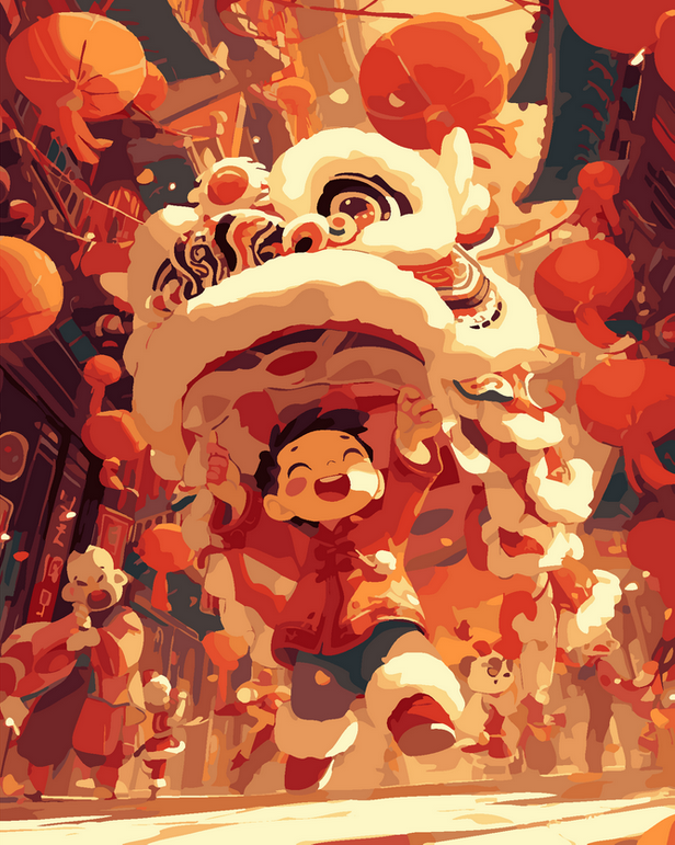 張燈結綵 ｜ 舞獅慶賀・熱鬧春節 - ArtLife開運數字油畫【DT032】