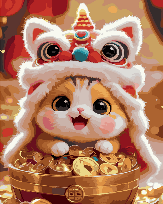 財源滾滾 ｜ 舞獅萌貓・招財進寶 - ArtLife開運數字油畫【DT091】