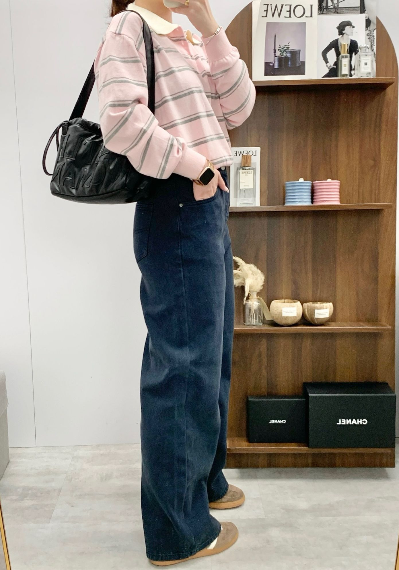 圓鈕簡約直腳褲(深藍色)