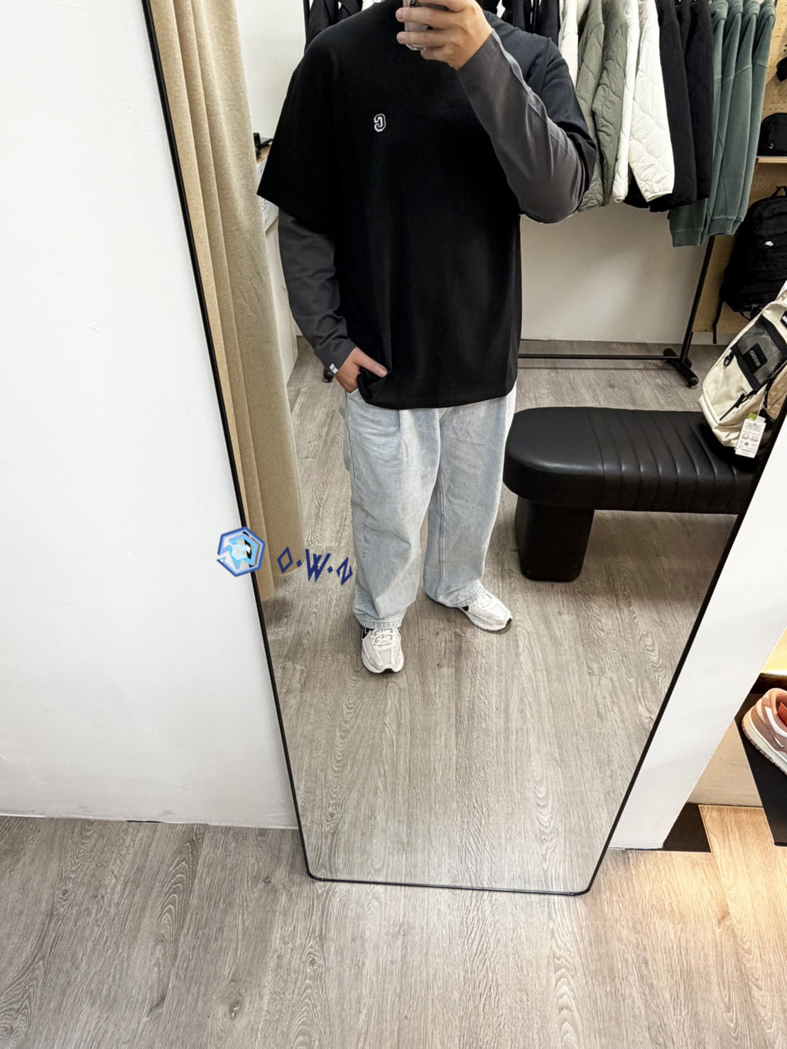 【OWN】Covernat 假兩件 薄長袖 薄款 刺繡 拼接 不分男女 黑灰 灰米