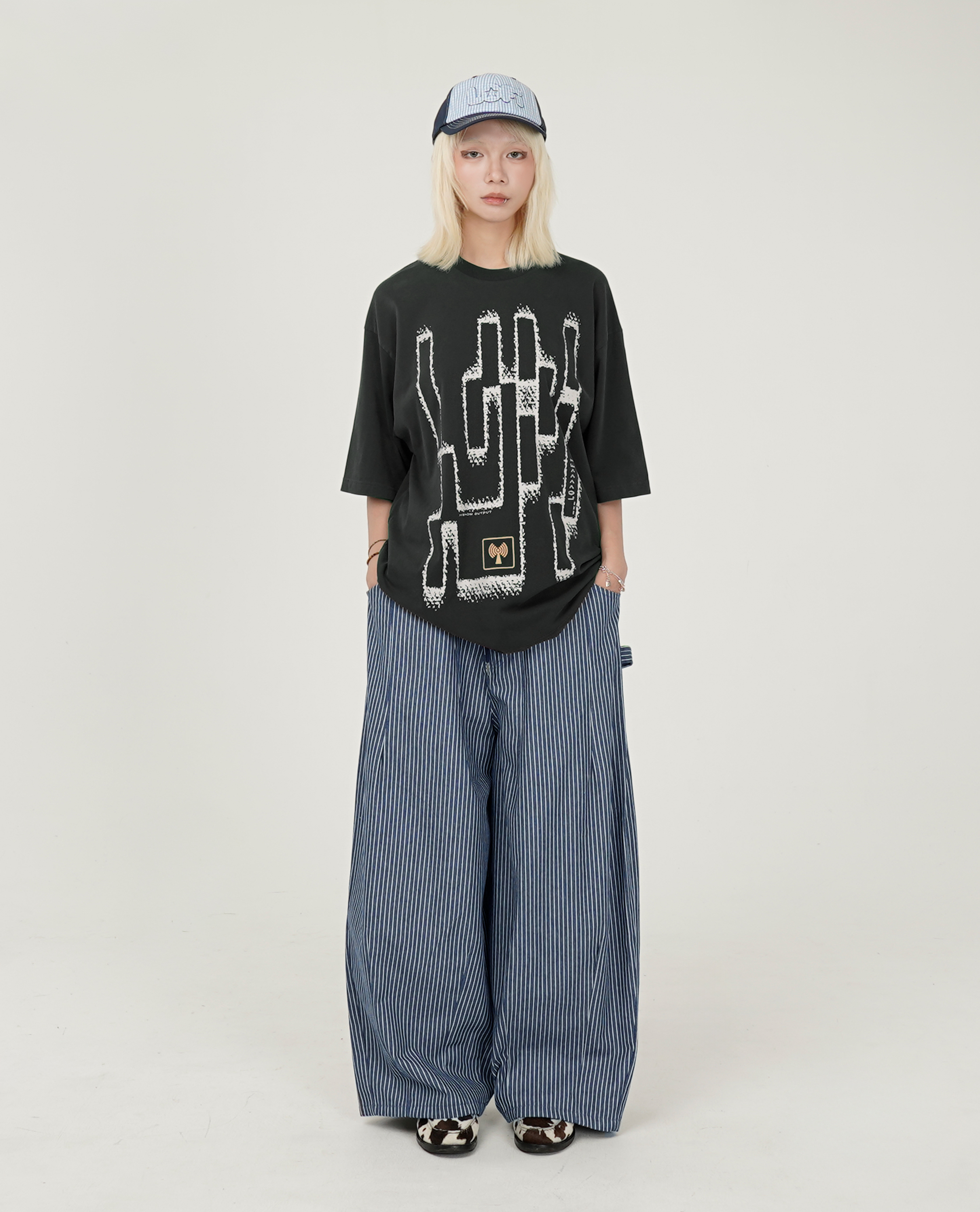 可調腰直條紋繭型畫家褲