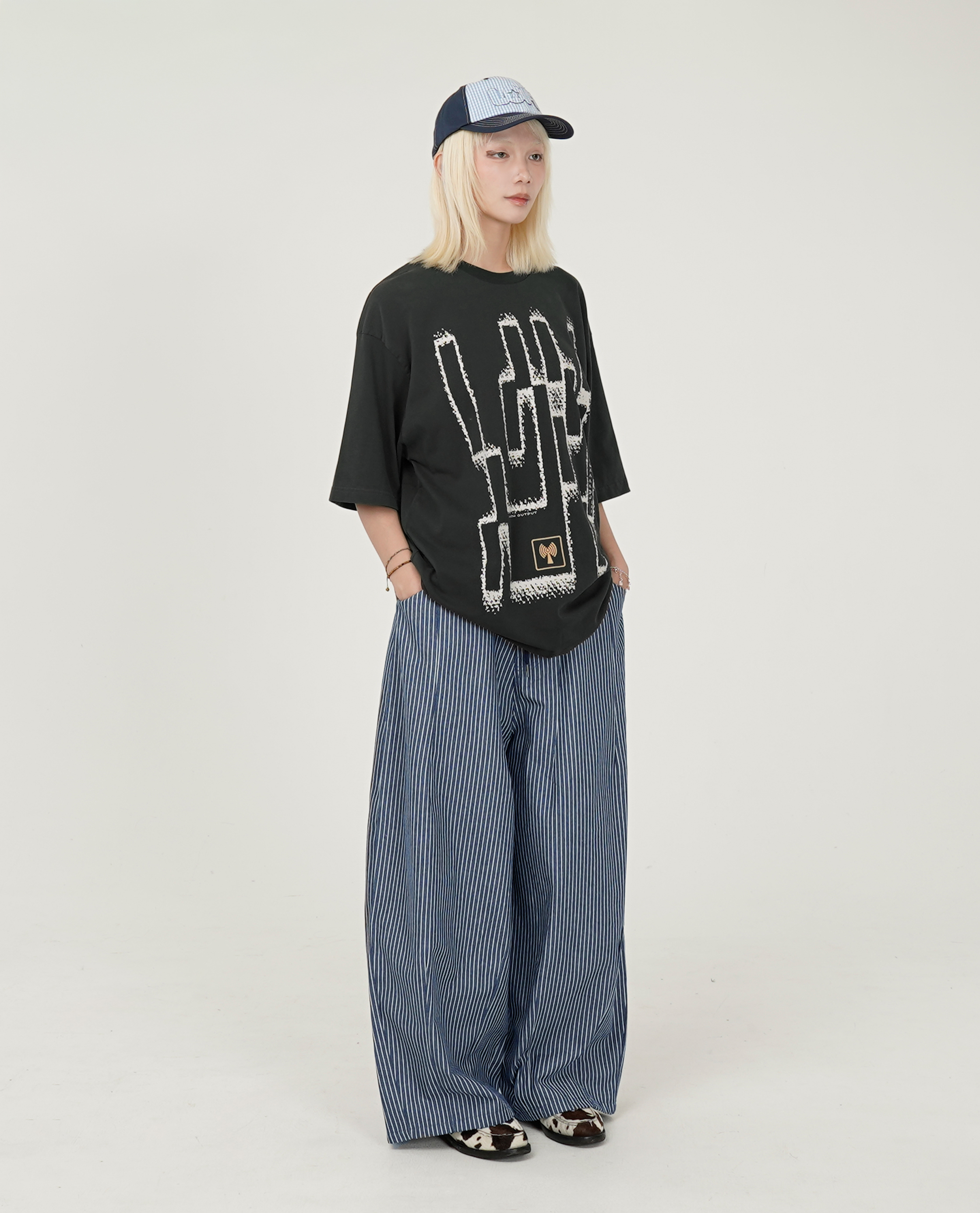 可調腰直條紋繭型畫家褲