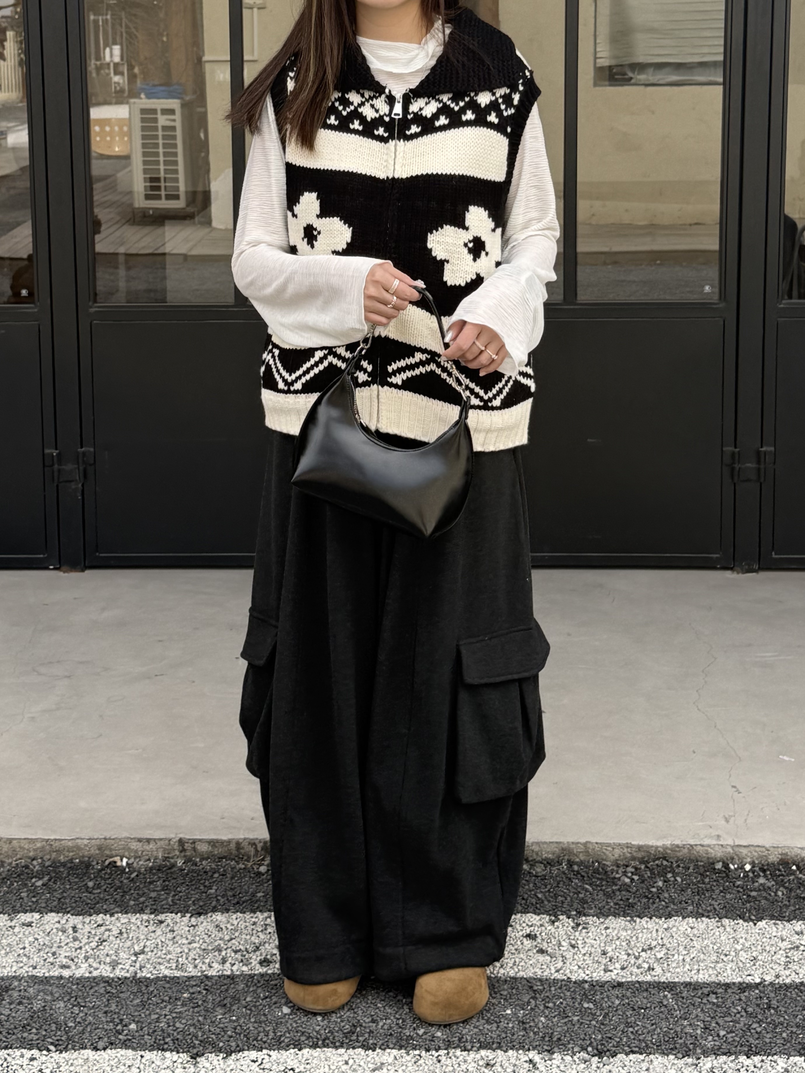 翻領花花針織拉鍊背心